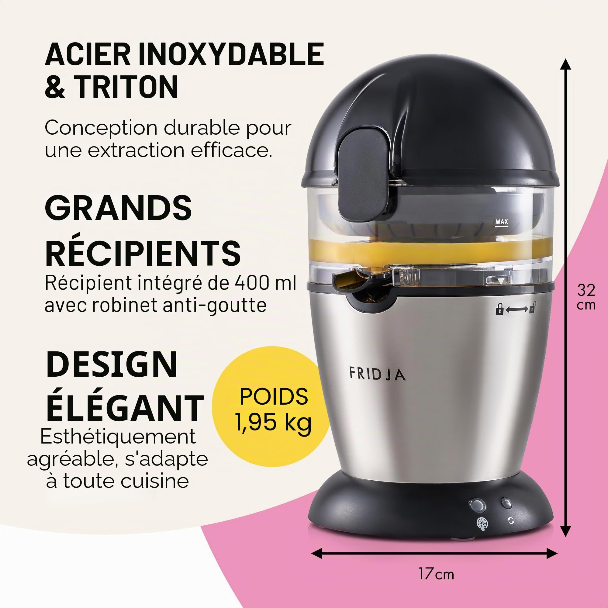 Fridja f900 Presse-agrumes automatique (un bouton pour fonctionner) sans déversement, sans éclaboussures, facile à nettoyer, presse-agrumes orange et pamplemousse pour jus fraîchement pressé, en acier