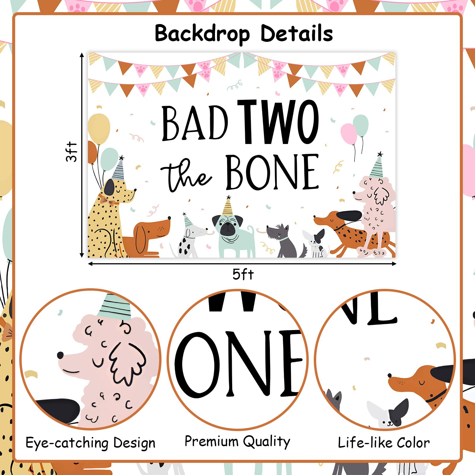 Bad Two The Bone Dog Birthday Backdrop - 7x5 Ft Puppy Party Decor Photo Background For 2nd Birthday Celebrations