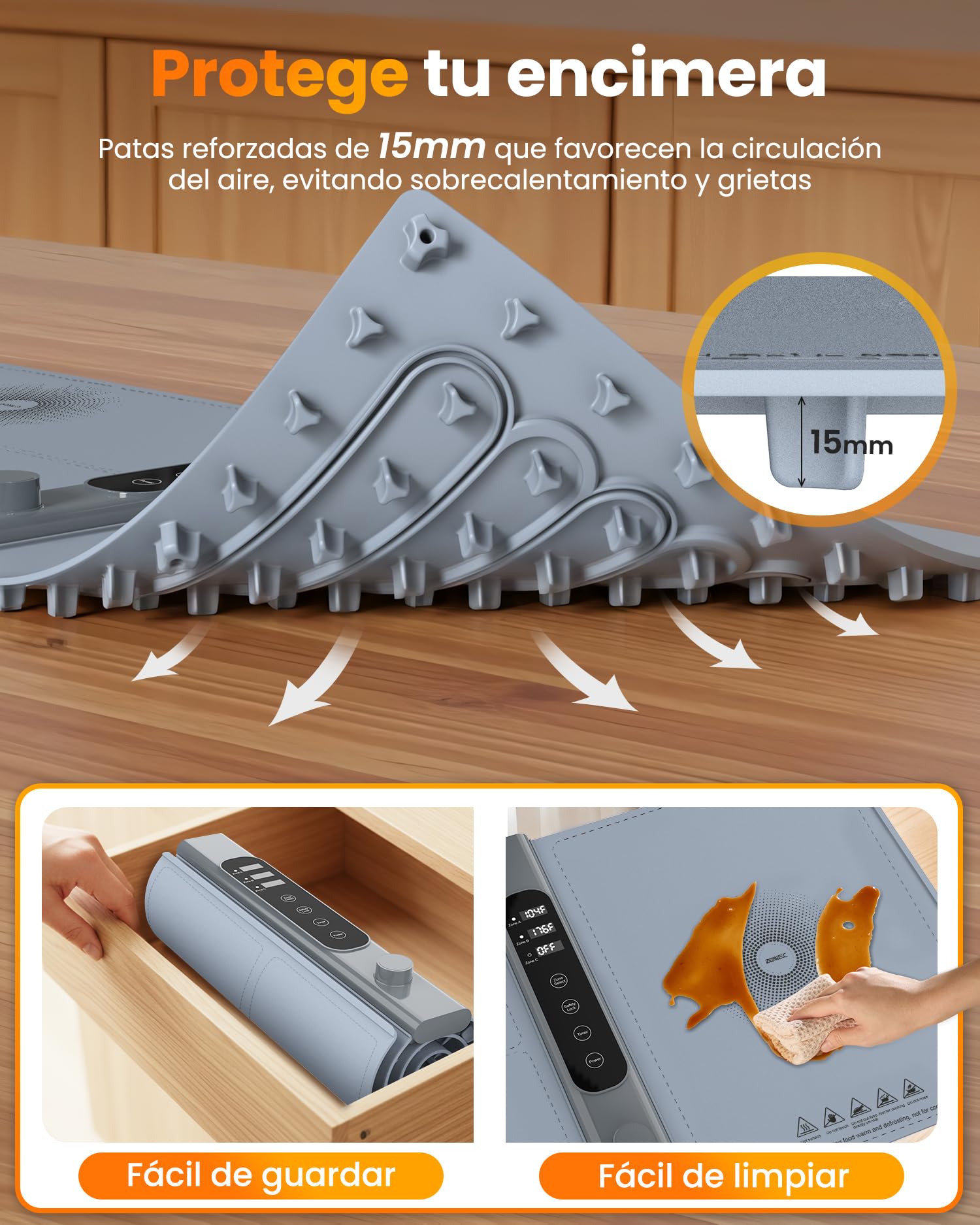 Bandeja de Calentamiento de Silicona 101×43 Cm, Bandeja Calienta Platos de 3 Zonas Independientes con 17 Temperatura de 1–6 Horas, Eléctrica Bandeja Calentadora de Comida para Buffets y Fiestas