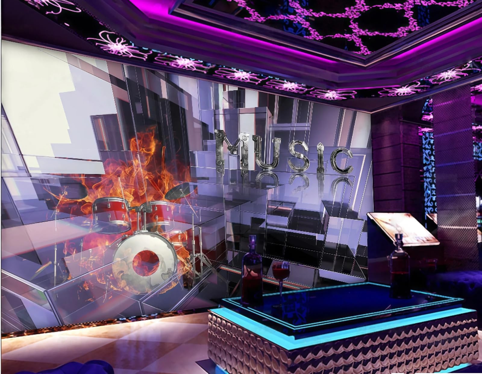 Rskjdghshd 3D Wallpaper Fashion Cool Space Flame Music Drum Theme Nightclub Bar Western Restaurant Background Wall Mural Afternoon Tea Coffee Shop Wallpaper,,200X140cm