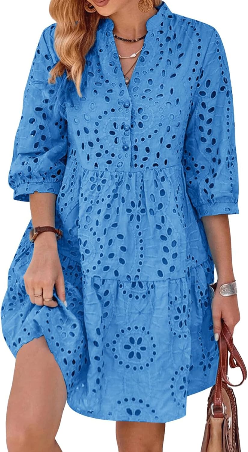 utcoco Women's 2025 Eyelet Lace Midi Dress V Neck Puff 3/4 Sleeve Button Tiered Sexy A Line Sun Dress