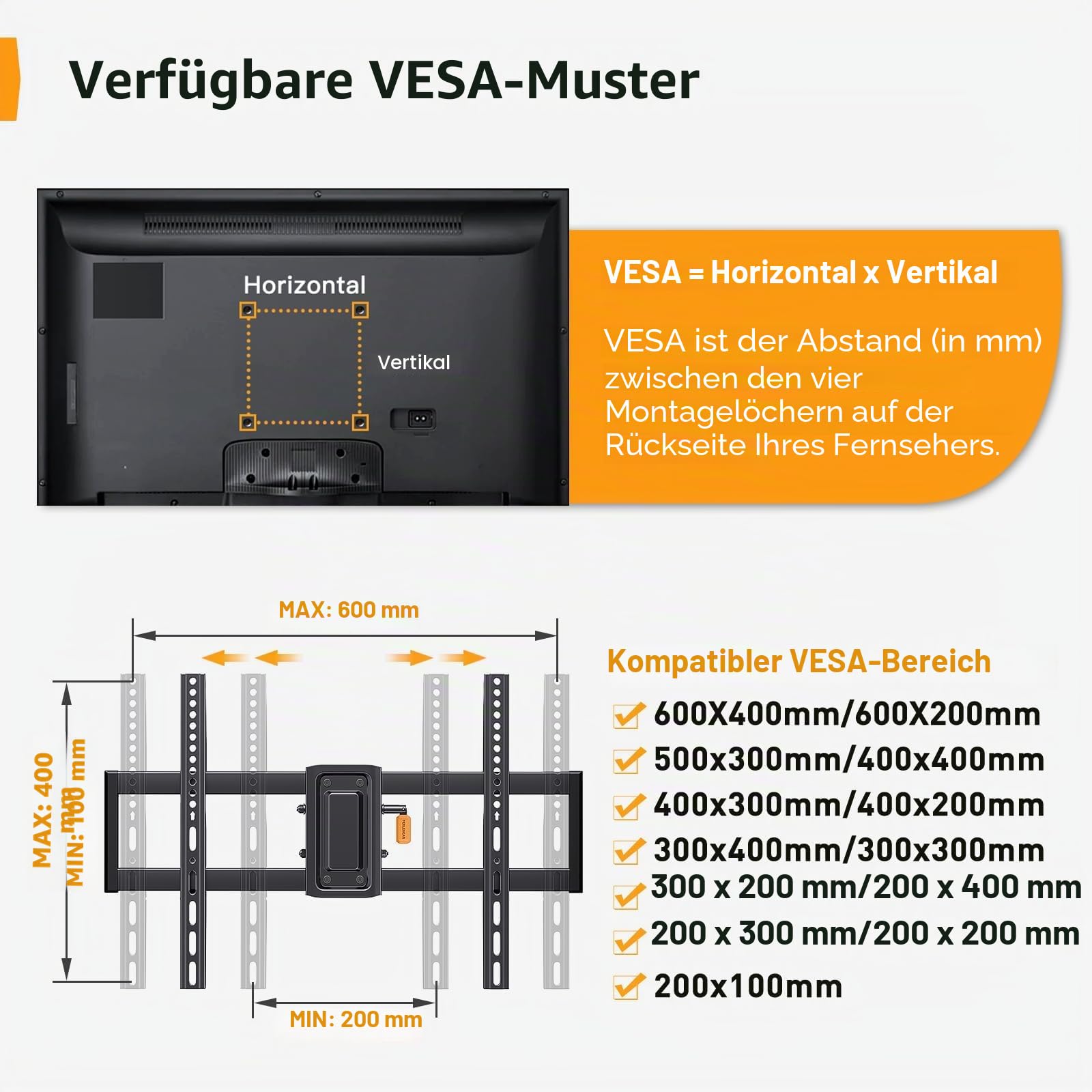 Perlegear TV Wandhalterung Schwenkbar, Ausziehbare Neigbare TV Halterung für 37-82 Zoll Flach & Curved Fernseher bis zu 60kg, Wandhalterung Fernseher max.VESA 600x400mm
