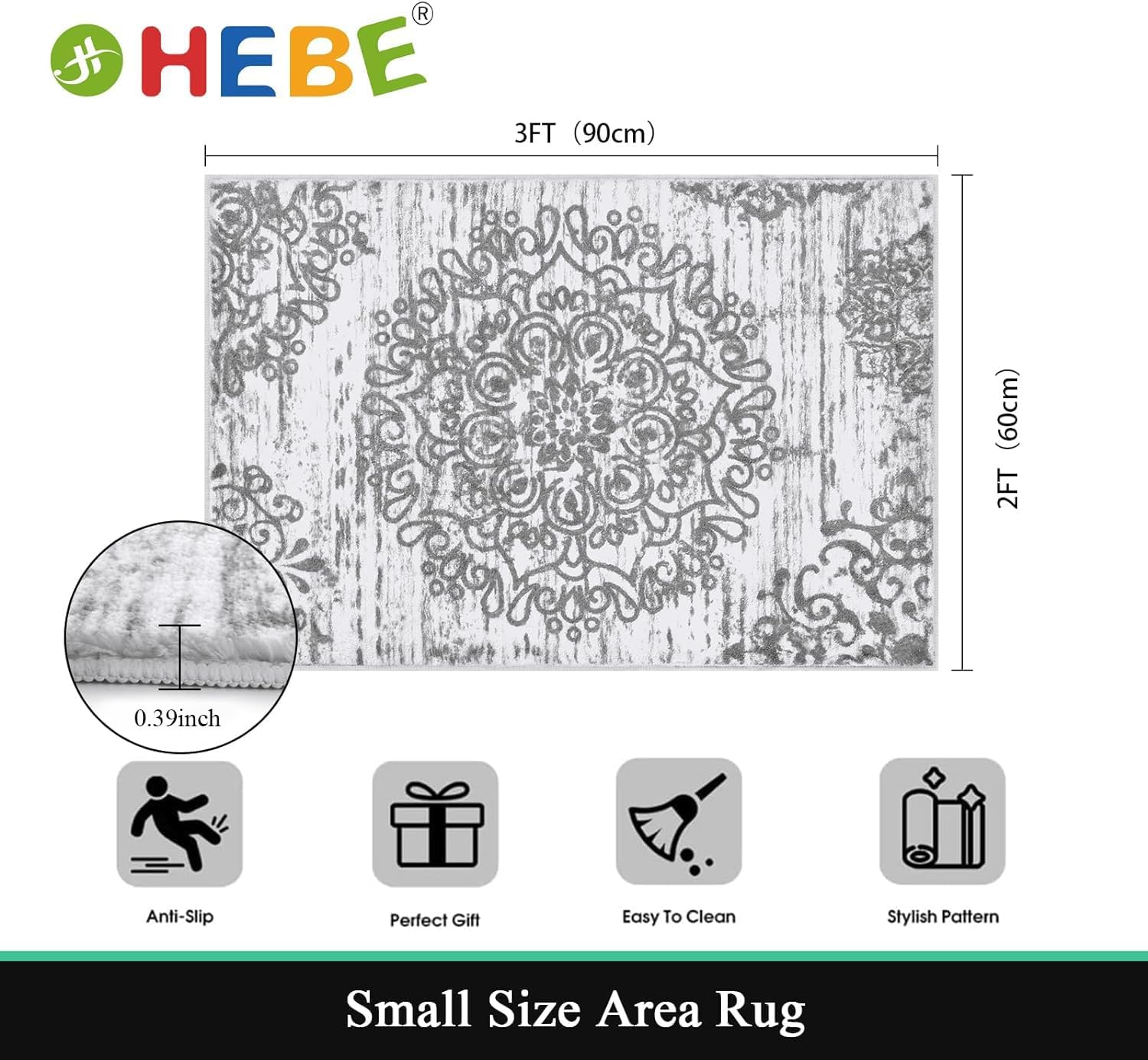 HEBE Washable Area Rug - 2'x3' Non Slip Soft Distressed Medallion Bedroom Boho Living Room Accent Throw Vintage Entry Floor Carpet for Dining Room Bathroom Entryway Grey 2' x 3' (Rectangular)