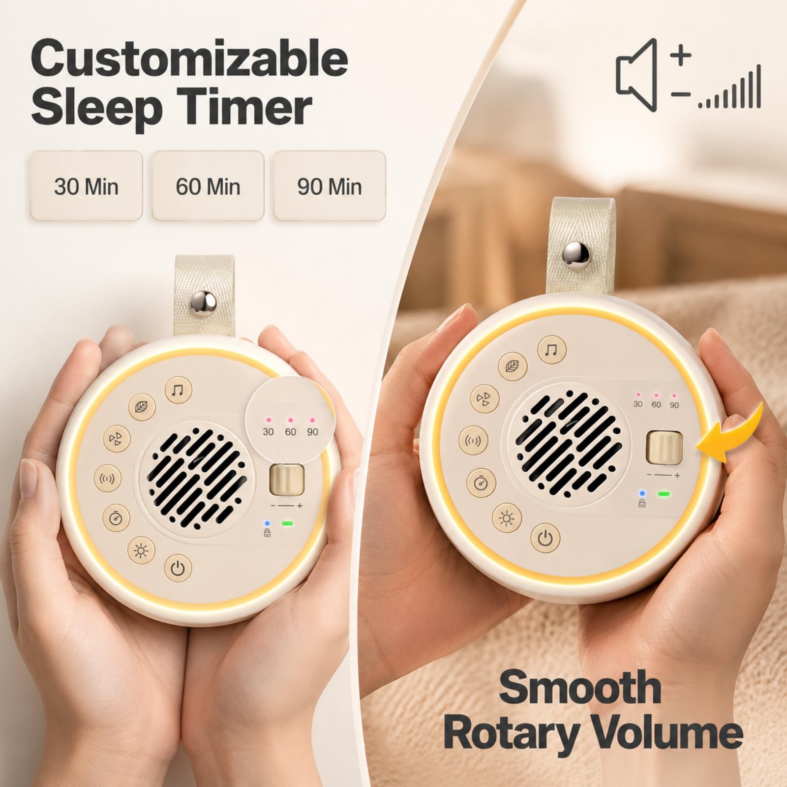 White Noise Machine, Tragbare Soundmaschine mit TWS Stereo Pairing, 22 Hi-Fi Beruhigende Sounds für schlafende Erwachsene & Familie, 10H Akkulaufzeit, Reiserauschmaschine mit Sicherheitsschloss