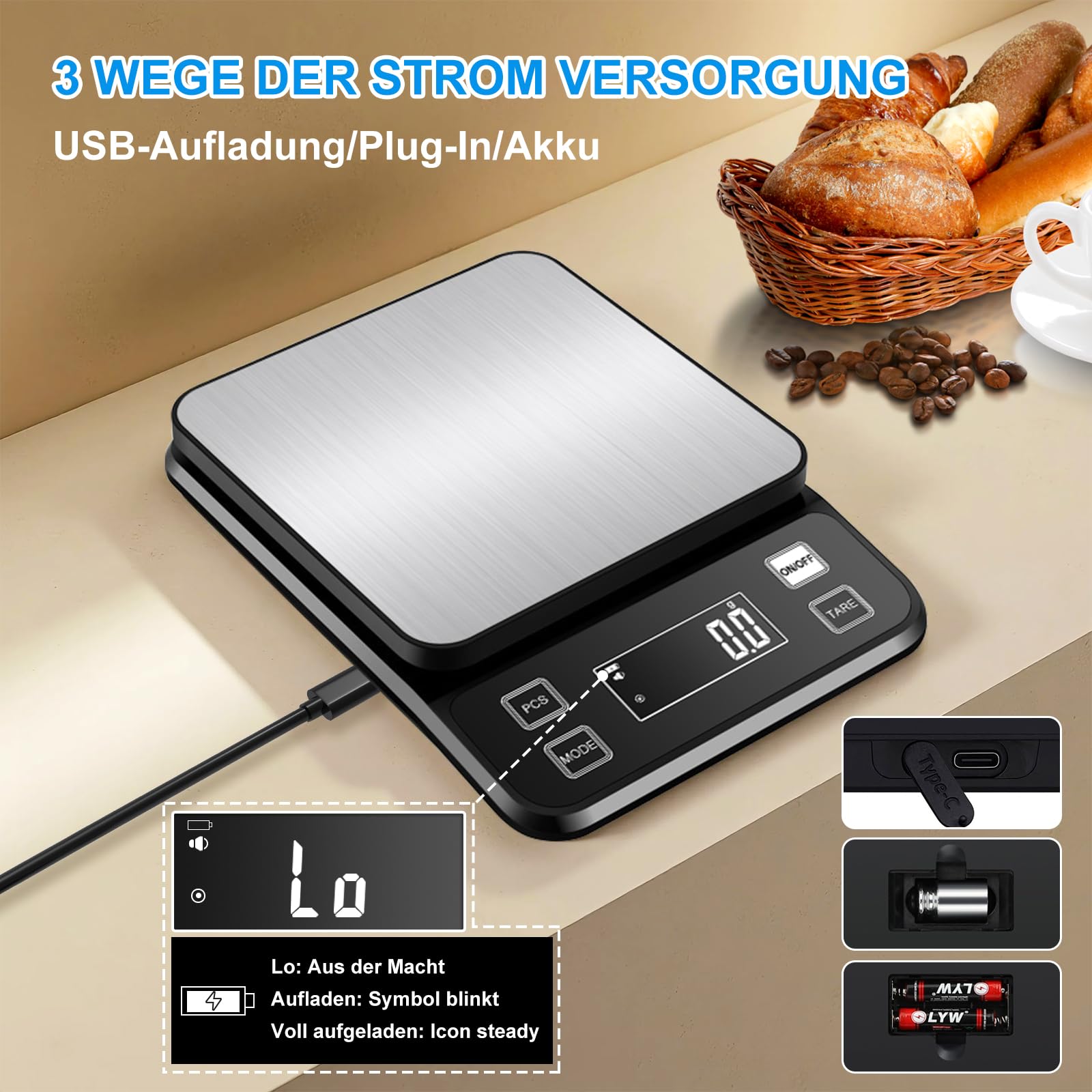 Diyife Wasserdicht IPX67 Küchenwaage 10KG, 0,1g Digitalwaage mit Großer Edelstahl Wiegefläche, Wiederaufladbar Lebensmittelwaage,10 Maßeinheiten, LCD-Display, Tara, Zählfunktion, Briefwaage Schwarz