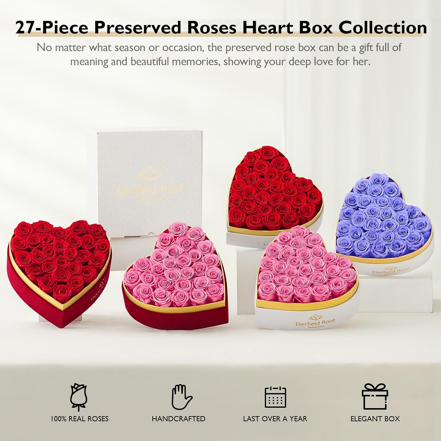 Eterfield 27 Forever Flowers in Heart Shape Box, Christmas Preserved Roses That Last Over a Year Preserved Flowers Birthday Gifts for Her Women Mom Wife Anniversary Valentines Day Mothers Day, Red - Image 6