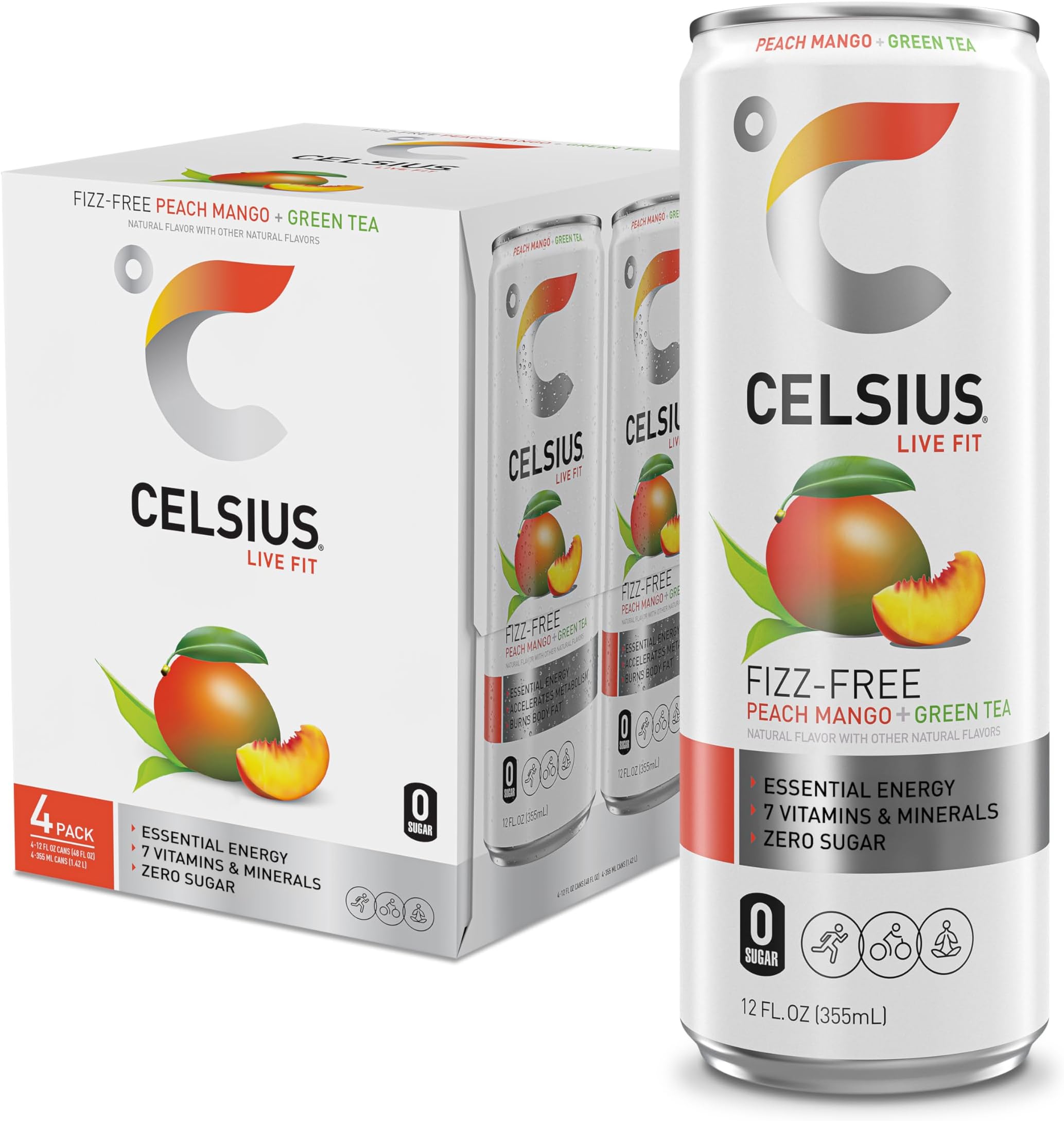 CELSIUS® Fizz Free Peach Mango Green Tea, Sugar Free Energy Drink, 12 Fl Oz (Pack of 4)