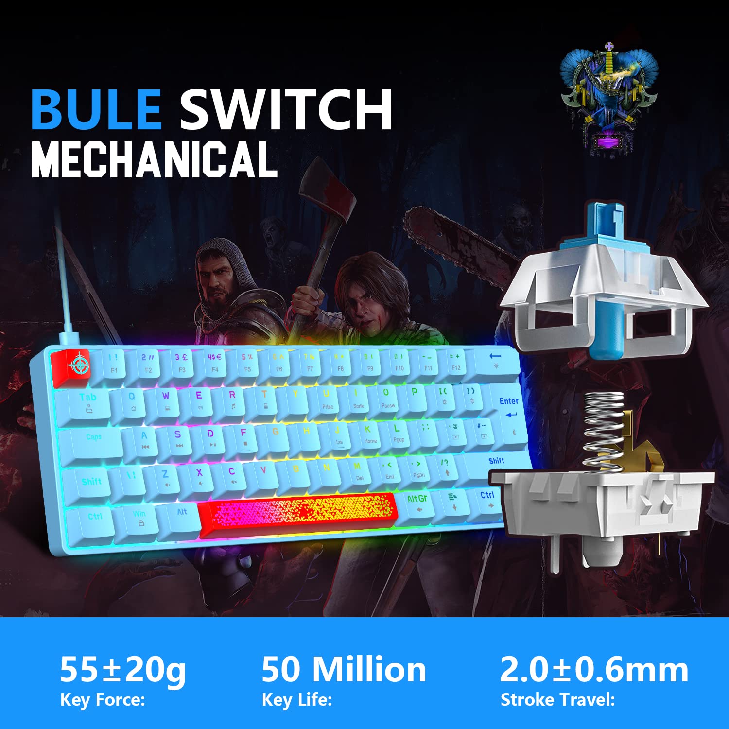 Tastiera da gioco al 60% con interruttore blu, 62 tasti compatti, 18 LED Chroma RGB retroilluminata, USB staccabile di tipo C, extra due tasti rossi tastiera meccanica (blu)