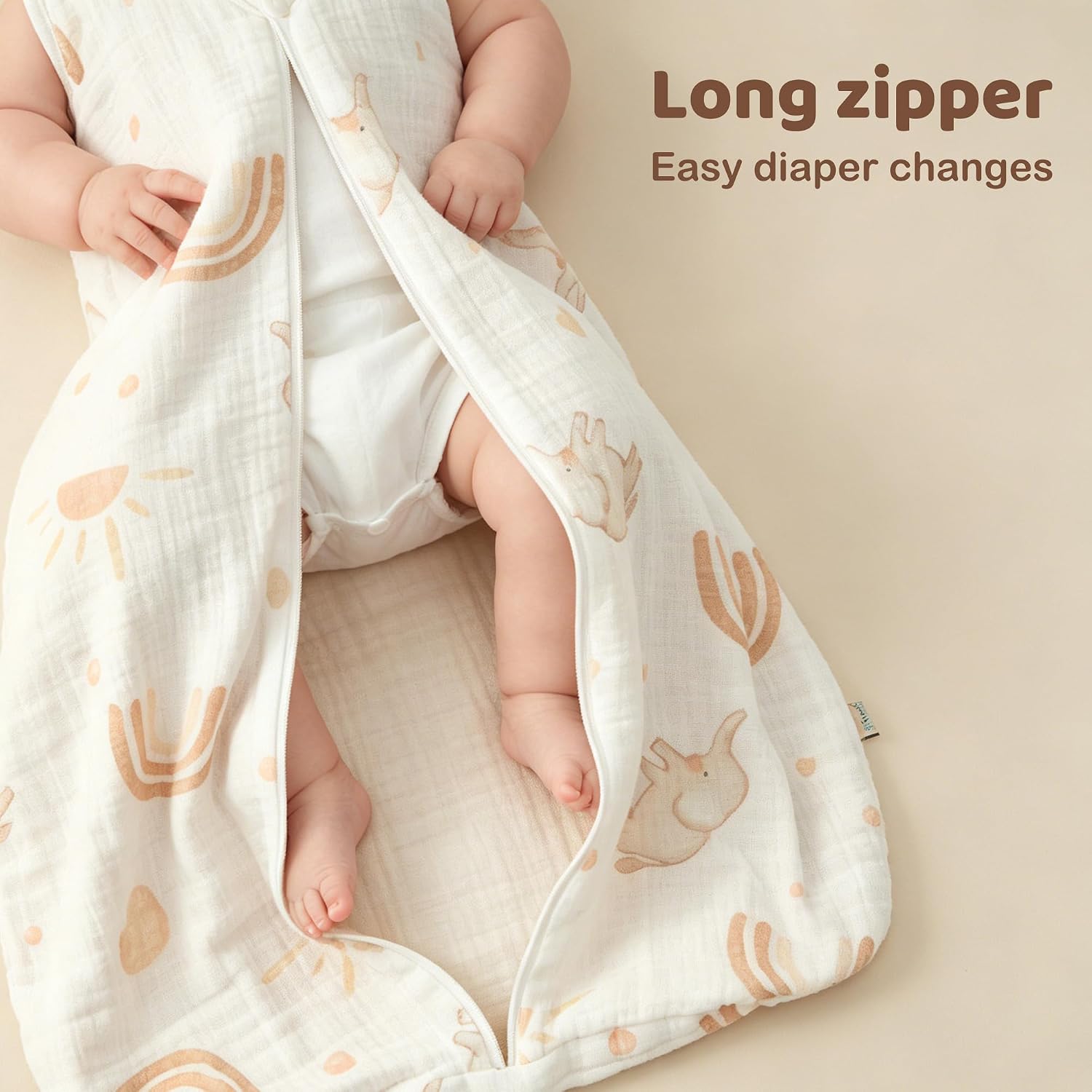 Reversible Baby Sleep Sack, Double Layer Cotton Muslin Wearable Blanket, Breathable for Warm Nights, 2-Way Zipper