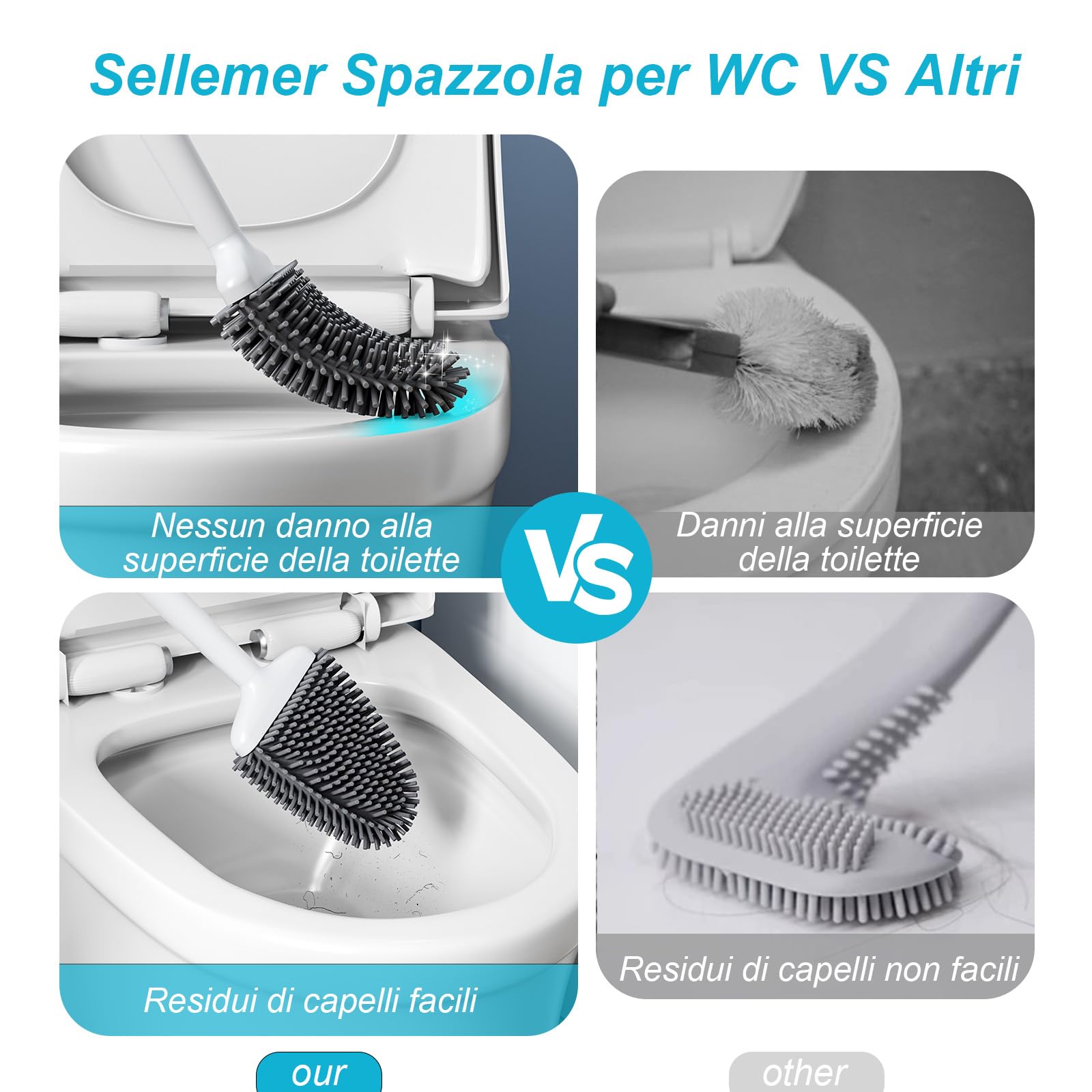 Sellemer Scopino WC Silicone, Scopettino Montaggio a Parete/in Piedi, Scopettino Bagno con Supporto Traspirante ad Asciugatura Rapida, Spazzola WC Flessibile per Bagno(Bianco)