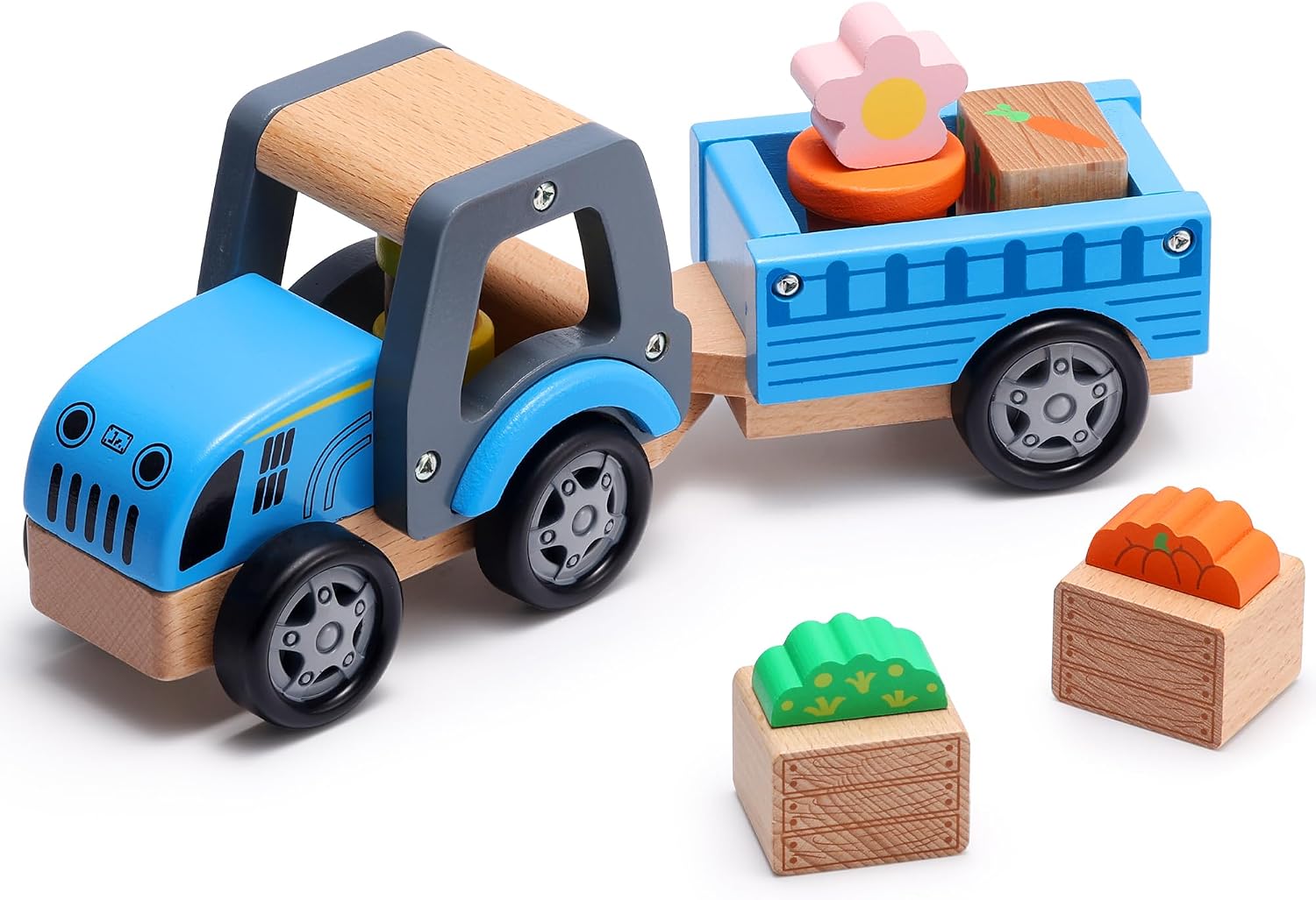 SainSmart Jr. Wooden Tractor Toys for Toddlers 1-3, Farm Tractor Toy with Detachable Trailer | Solid Wood Construction, Hand Push Car Toys for 1 2 3 Year Old Boys Girls (Blue)
