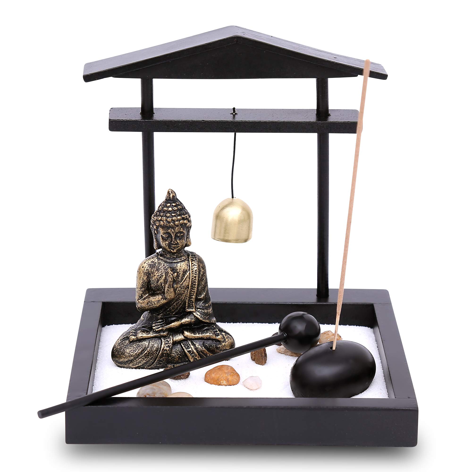 Flanacom Jardín Zen de con Figura de Buda - Jardín Japonés en Miniatura - Set de Esotherik con 3 Varillas de Incienso - Amuletos de la Suerte Budistas, Taoístas y Feng Shui (Campana)