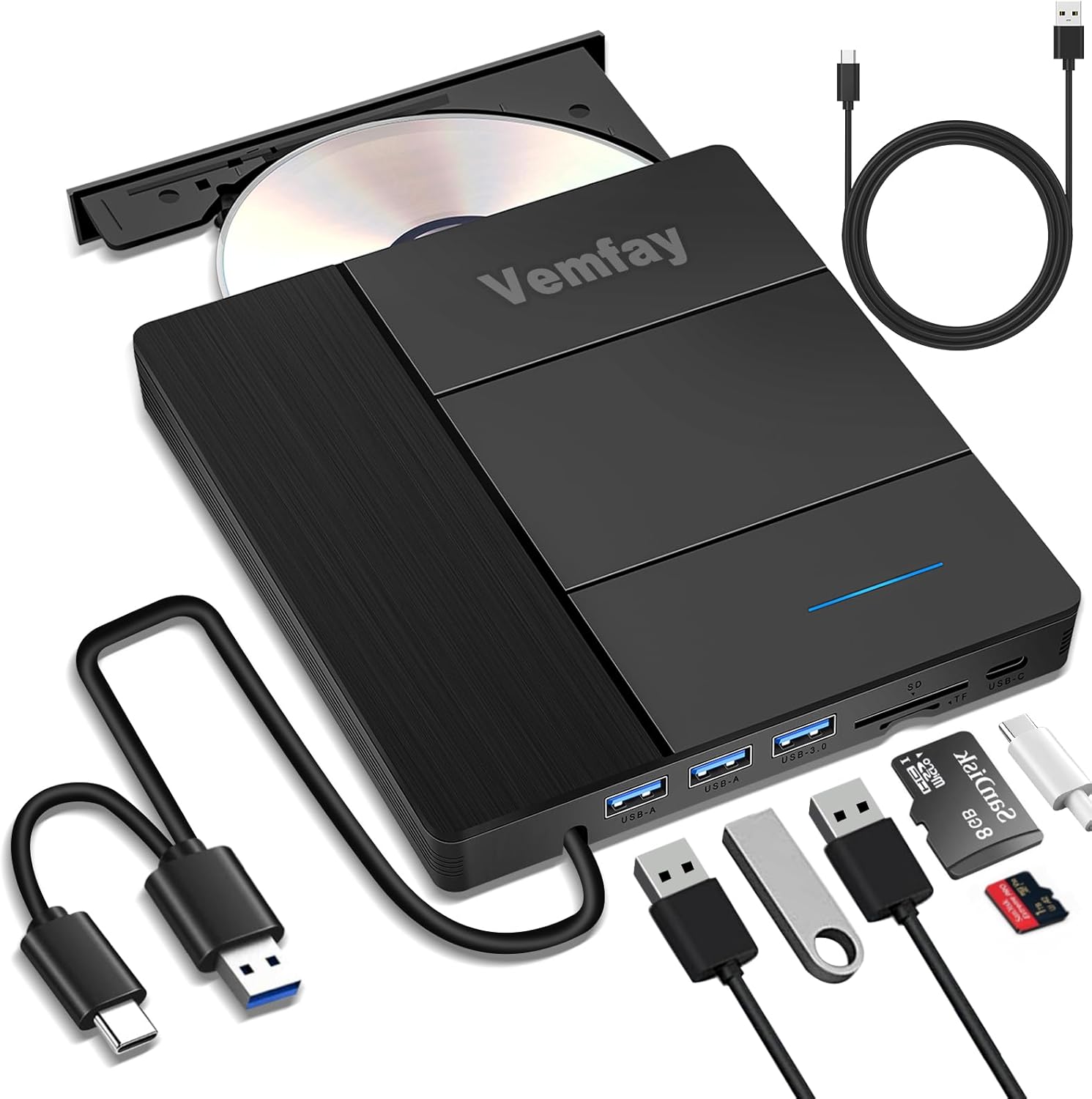 Vemfay External CD DVD Drive with USB-A and USB-C cables, and various memory cards
