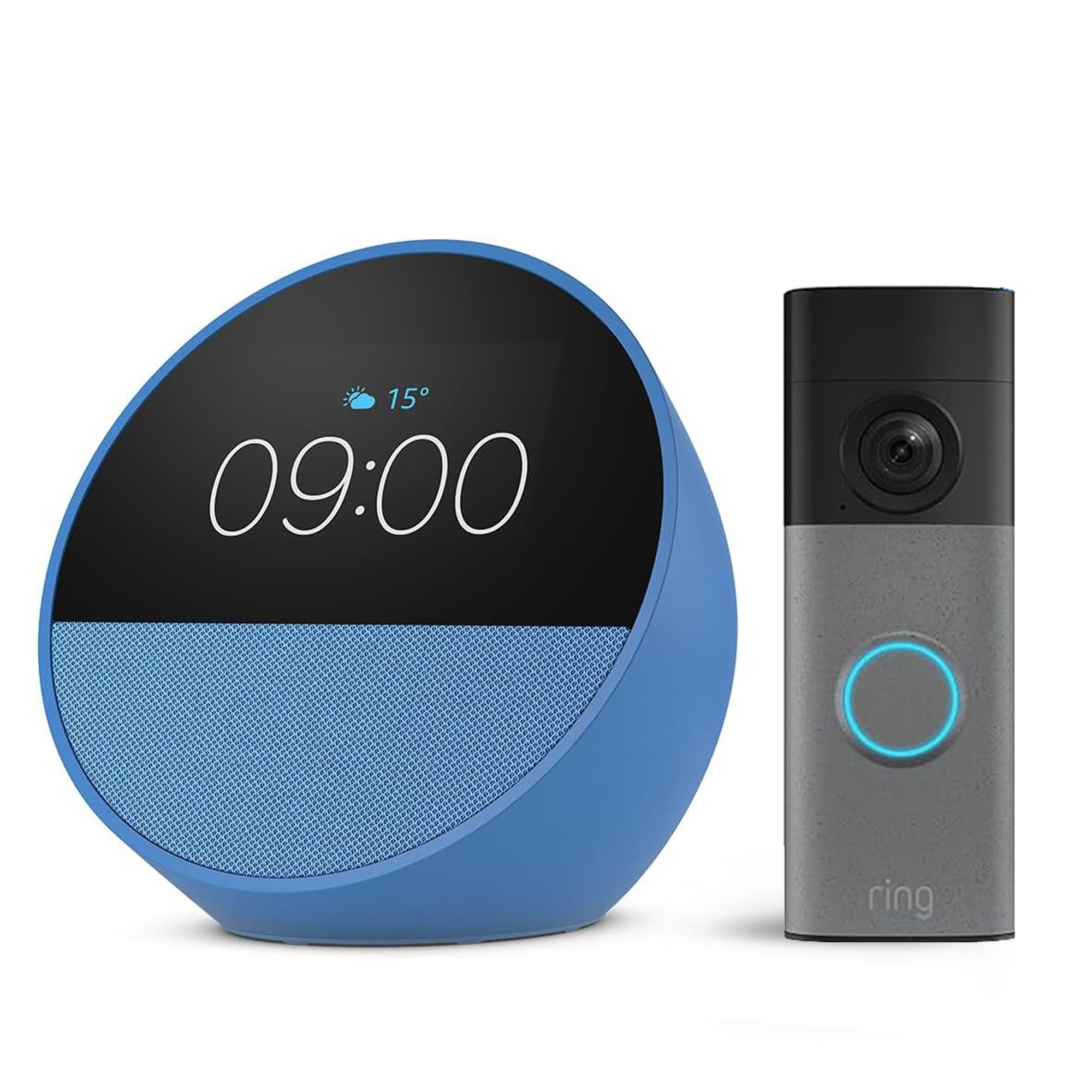 Amazon Echo Spot (última generación), Azul + Ring Videotimbre con batería (Battery Video Doorbell) (última gen.), Gris moteado