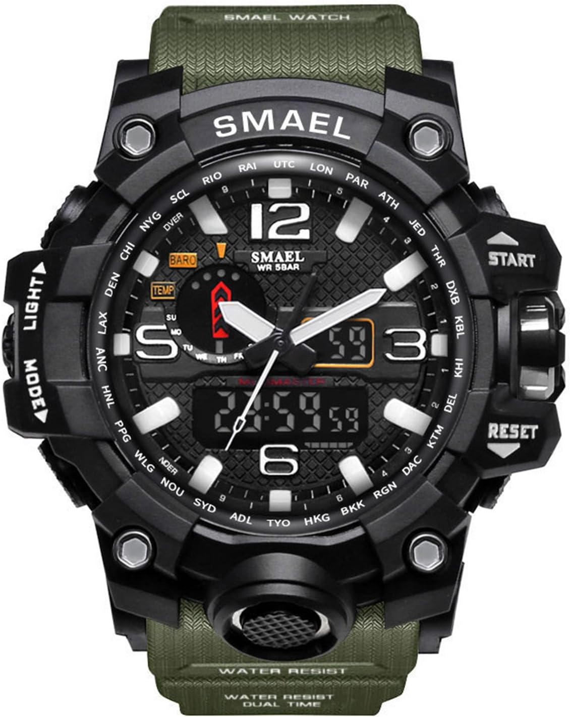 Analogue Digital Watch Military Sport Watch Mens Dual Dial Business Casual Multifunction Electronic Wrist Watches Resistant Wristwatch (Army Green)