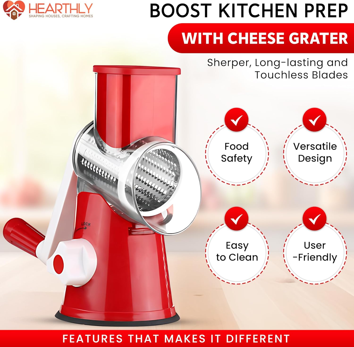 Cheese Grater for shredding Cheese | Cheese Grater Hand Crank with 3 Interchangeable Blades | Food Grater for Fruits, Vegetables & Nuts | Essential Kitchen Gadget