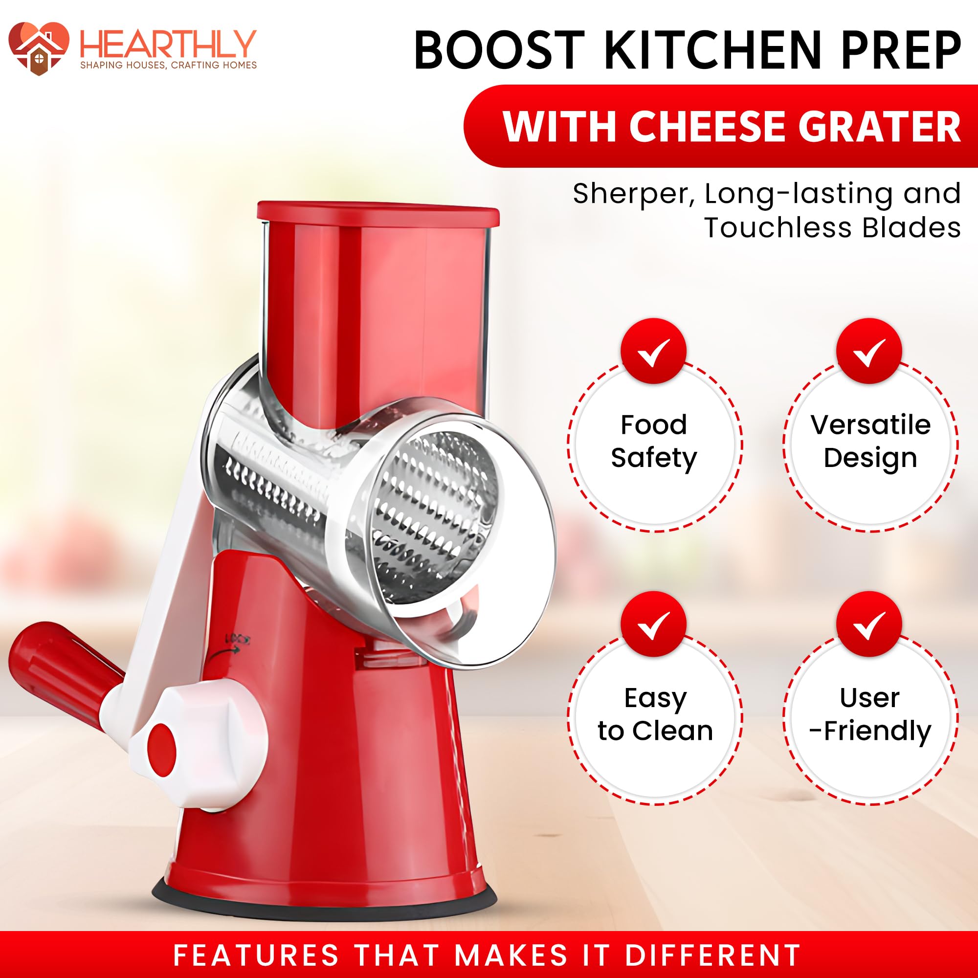 Rallador de queso para triturar queso | Rallador de queso con manivela de mano con 3 cuchillas intercambiables | Rallador de alimentos para frutas, verduras y nueces | Gadget esencial de 5