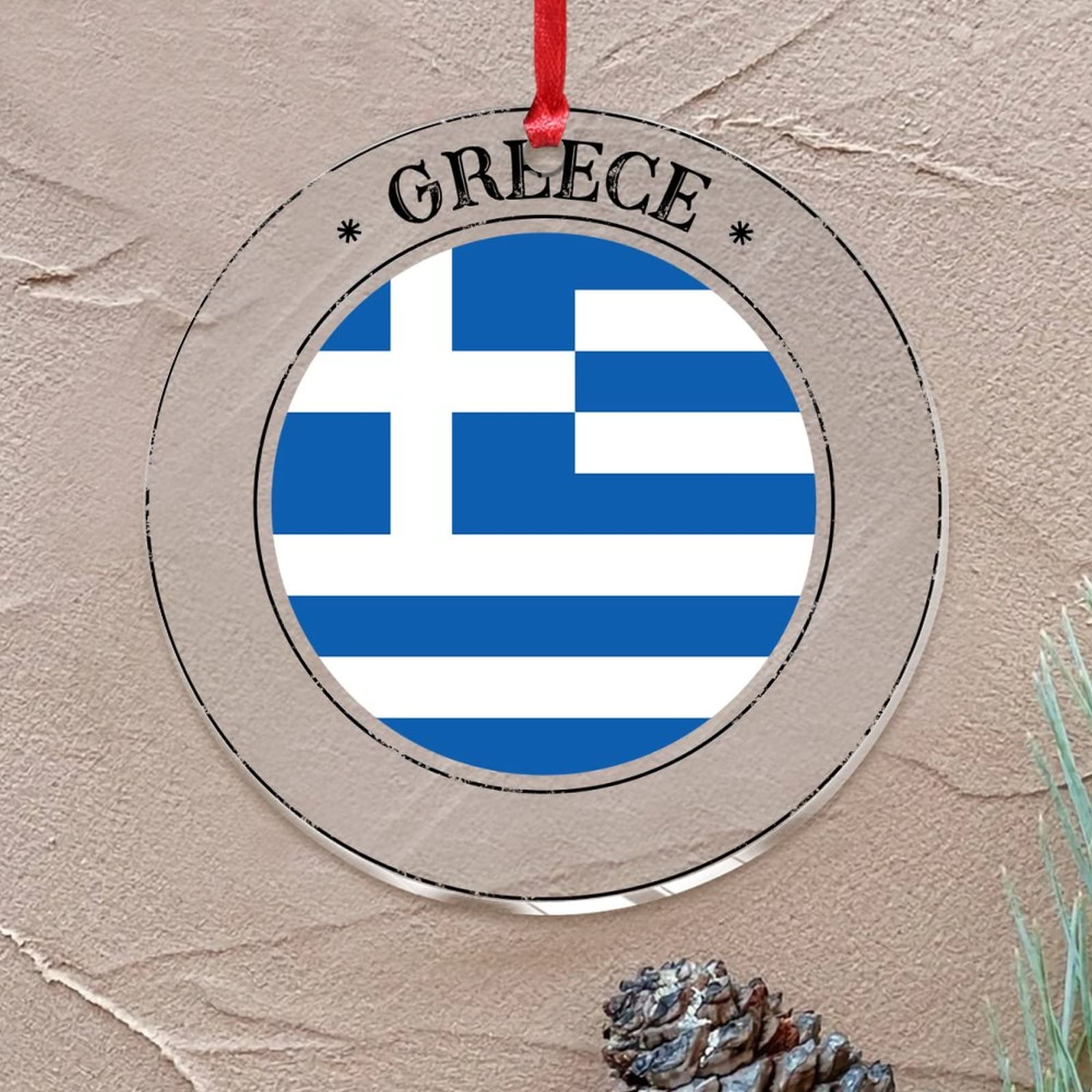 Red Greece Christmas Tree Ornament National Flag Round Christmas Tree Ornament Flag Patriotic Acrylic Elegant Christmas Bauble For Christmas Tree Decorations