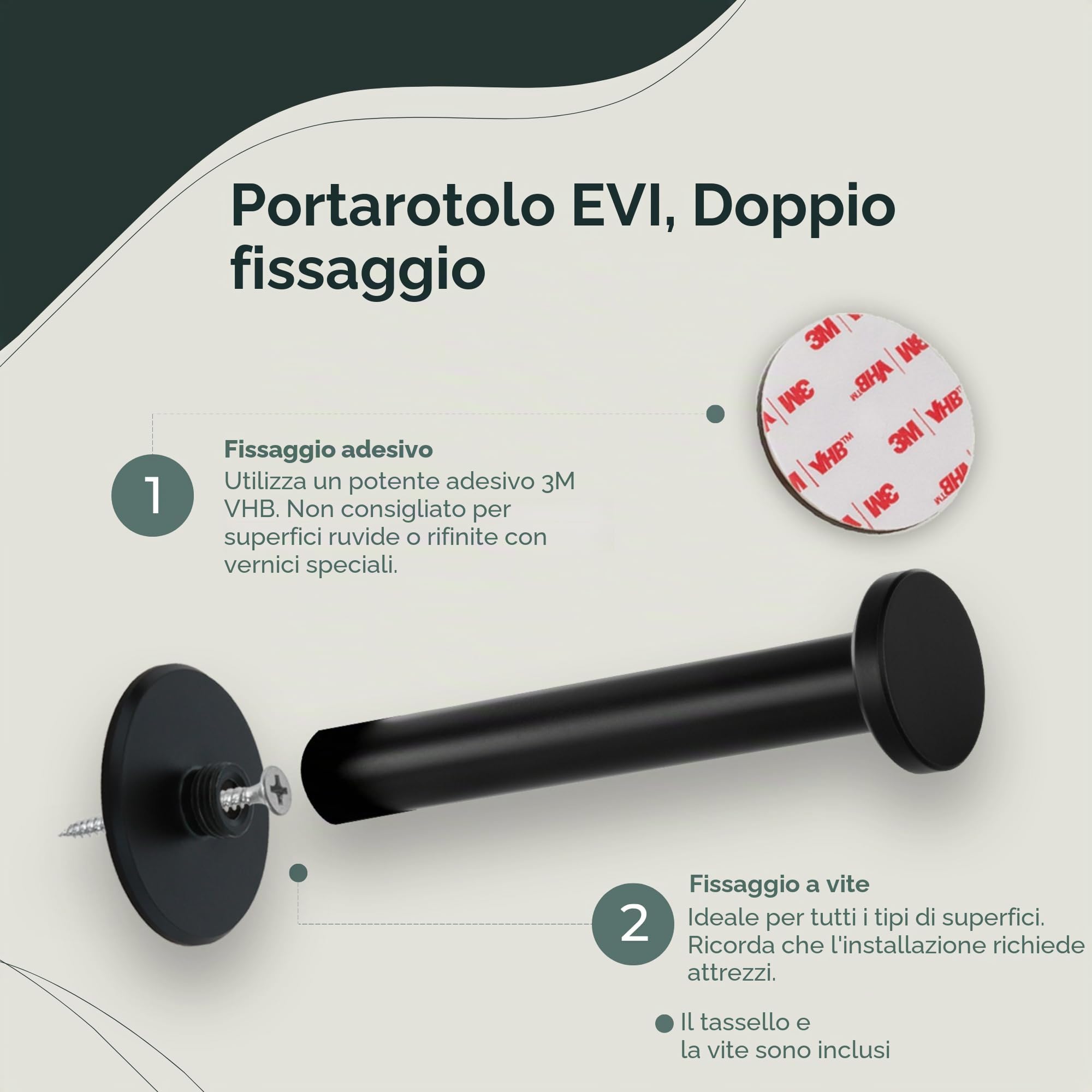 EVI Herrajes | Portarotolo di carta igienica nera | Autoadesivo o avvitabile | Acciaio Inox | Mod. 050PR1DUALNG