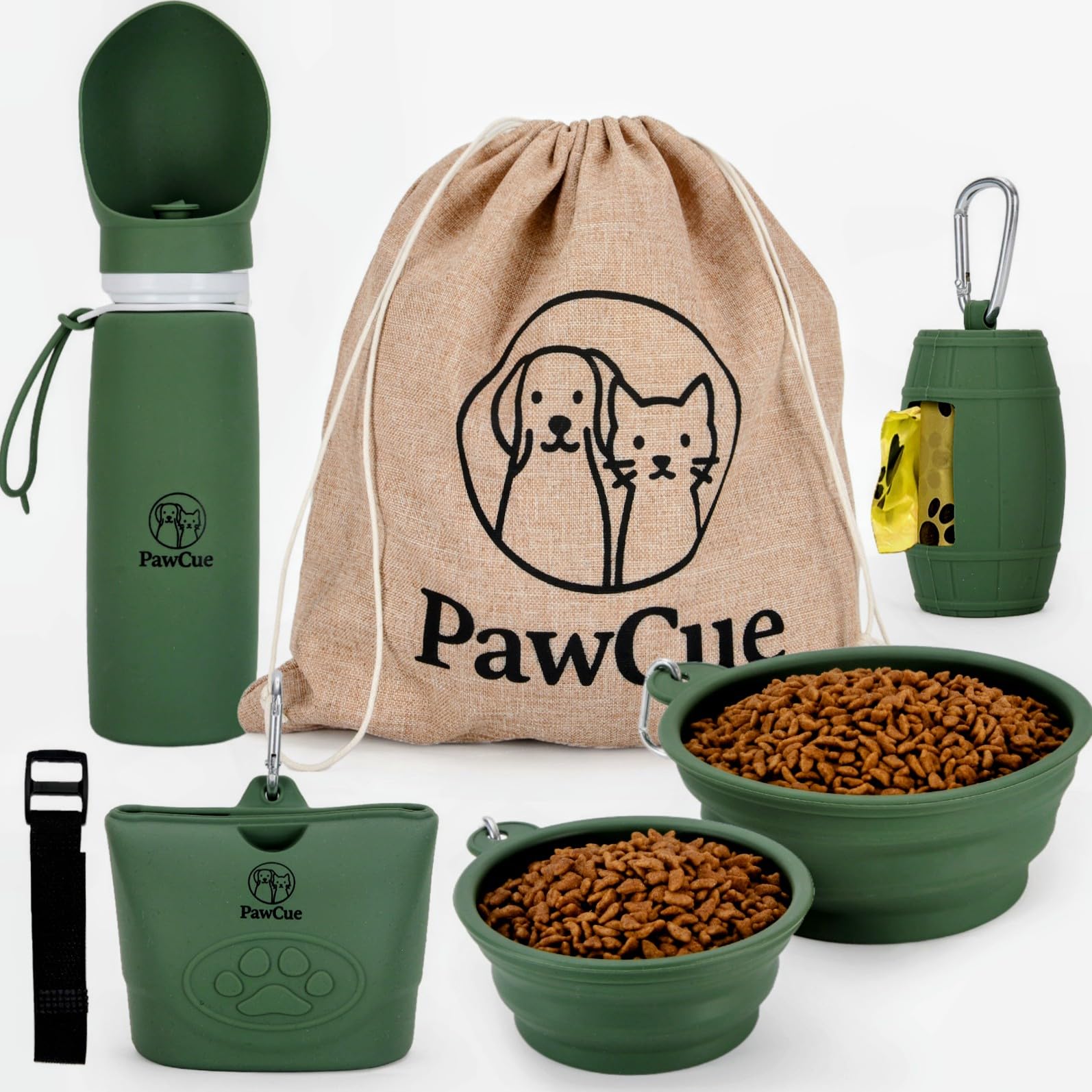 Pet Travel Essentials Kit de voyage pour chien avec 2 bols pliables, pochette à friandises en silicone, bouteille d'eau pliable, sac de transport en maille, support de sac à déchets, sangle