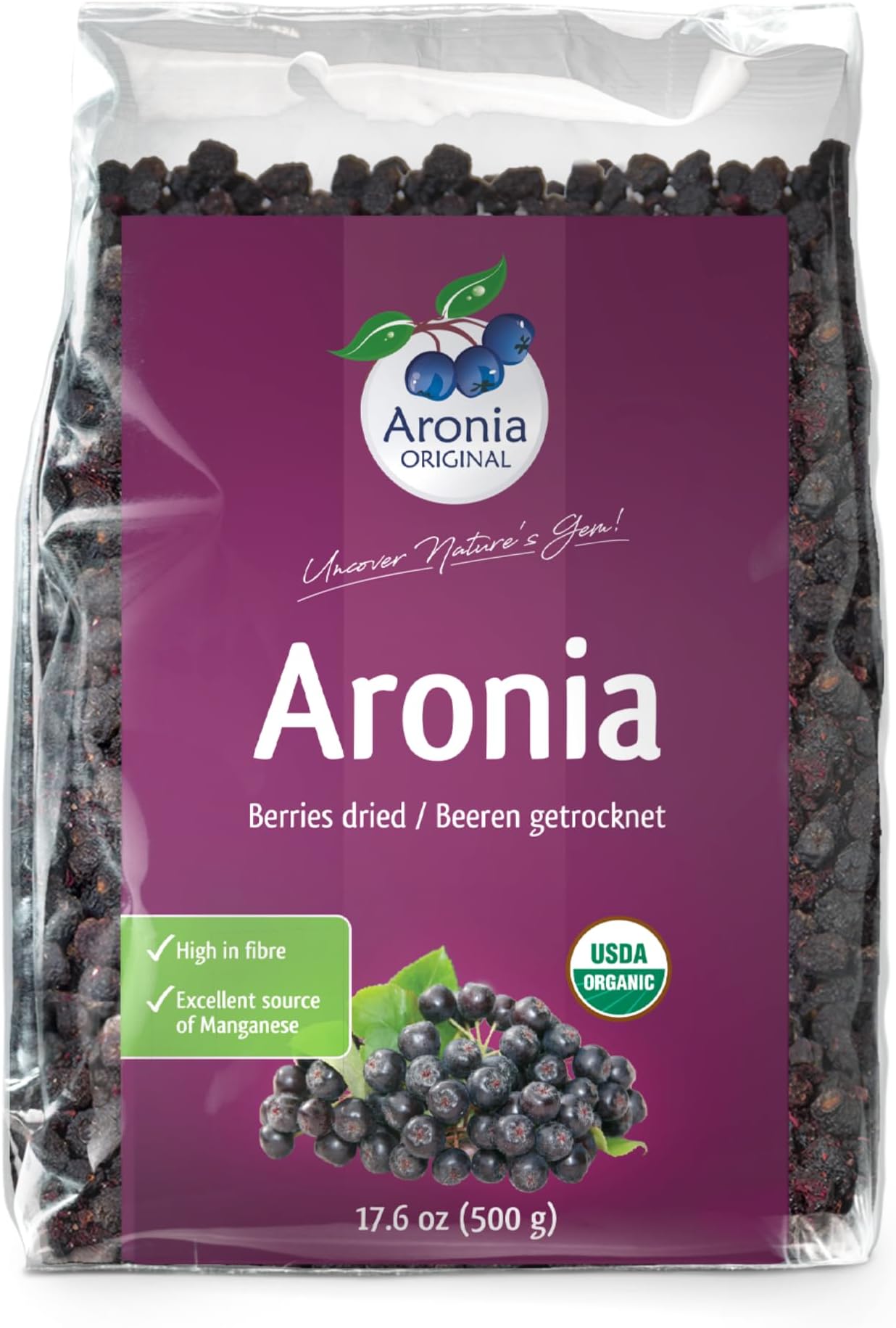 Aronia Original Organic Dried Aronia Berries 17.6 oz (500 g) - Unsweetened Black Chokeberries, Gently Dried After Harvest - Vegan, Non-GMO, No Sulfites or Additives