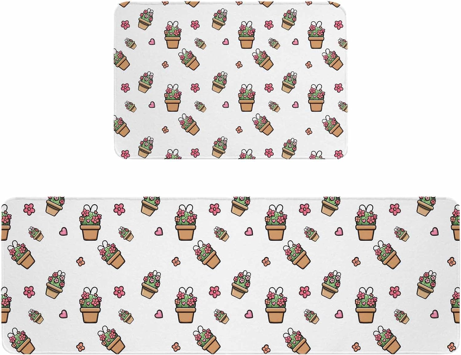 Easter Rabbits Ears Kitchen Rugs and Mats Set of 2, Non-Slip Kitchen Sink Mat, Spring Cactus Potted Plant Flowers Yellow Washable Doormat Bathroom Rugs Runner for Bedroom 19.7"x23.6"+19.7"x47.2"