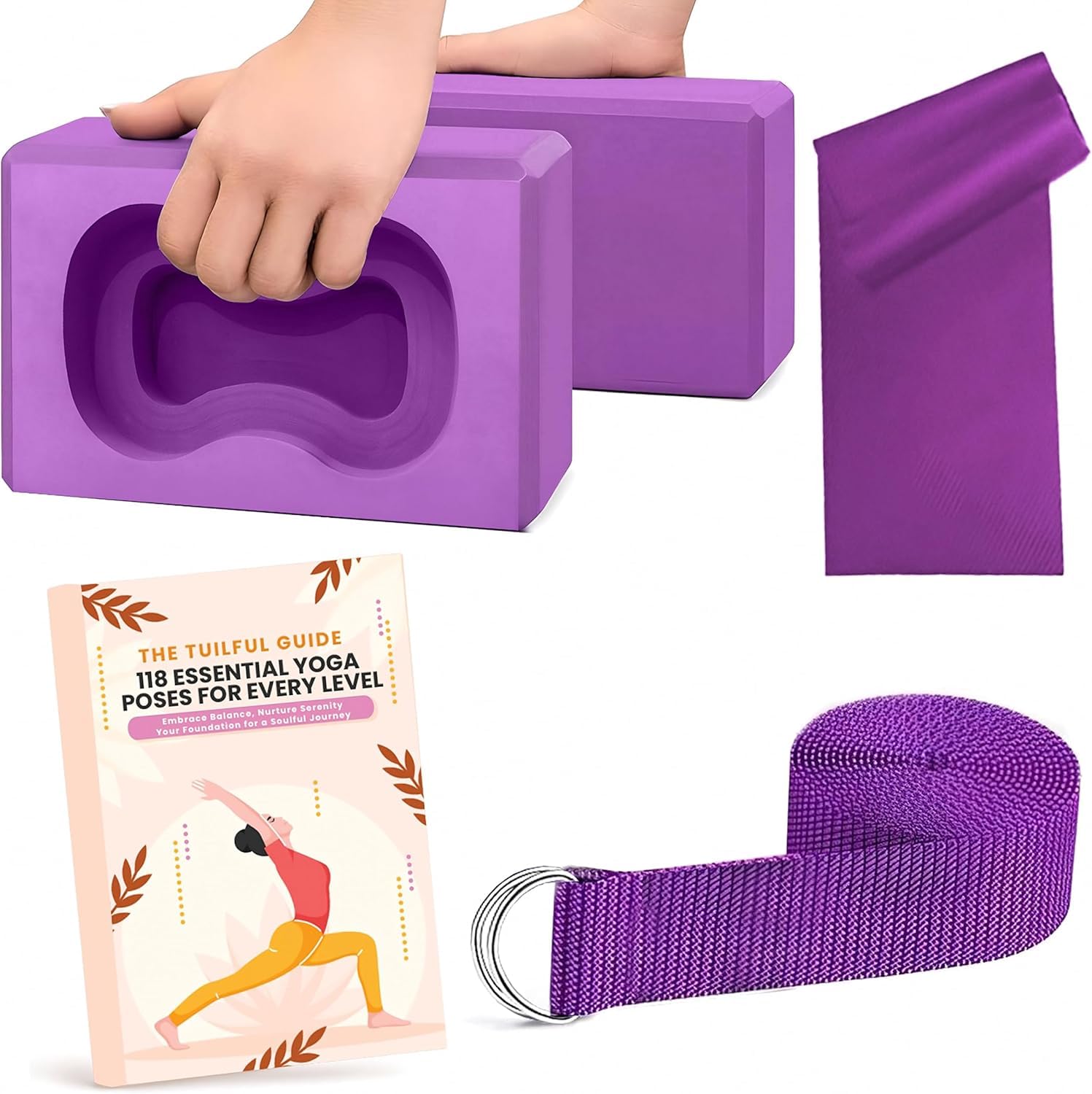 Yoga Blocks 2-Pack Kit with Resistance Band, Strap & Free Ebook Guide – Gym & Pilates | Stretching, Splits & Exercise EVA Foam Bricks Gifts for Women