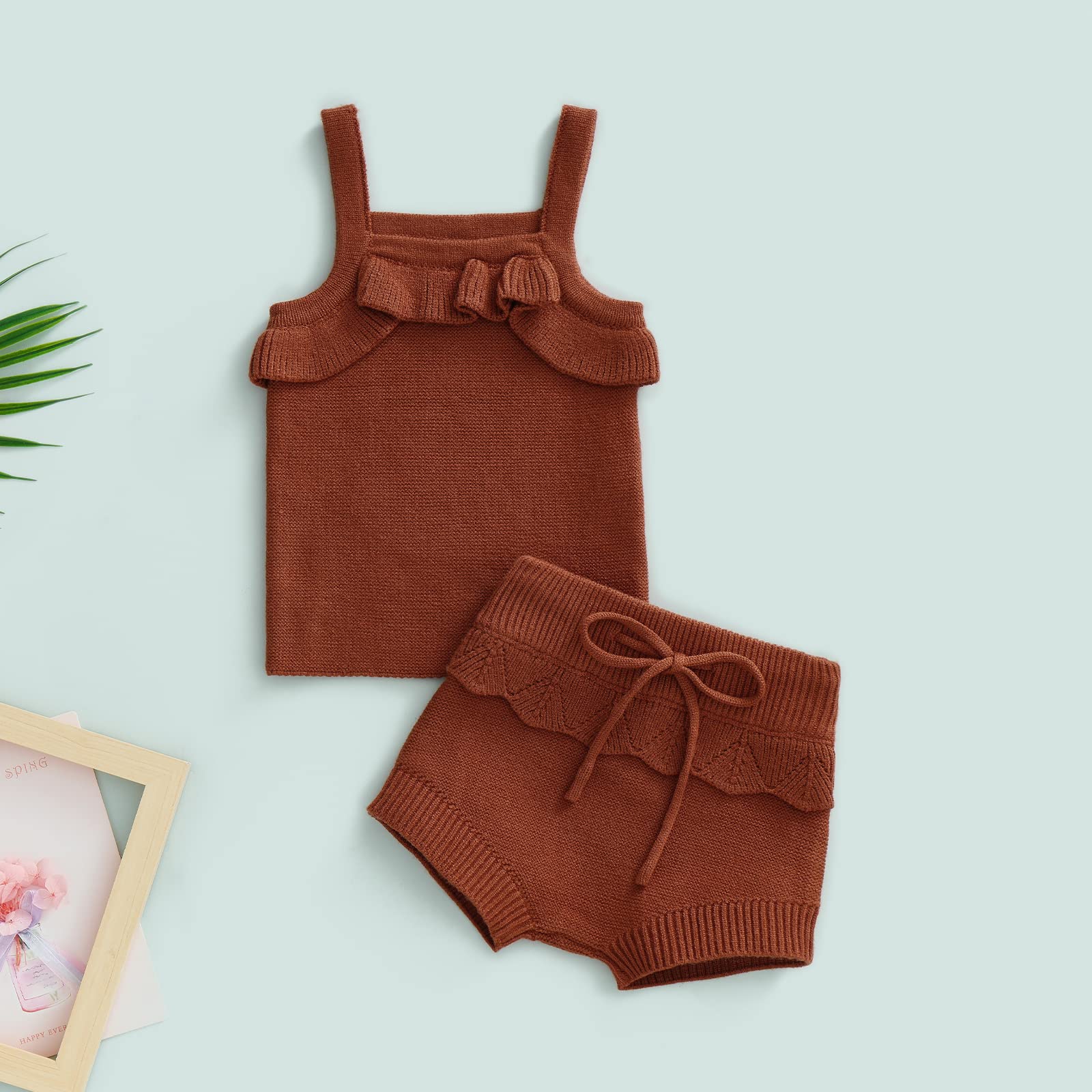 Newborn Infant Baby Girl Clothes Set Ruffle Knitted Sleeveless Top Solid Drawstring Shorts 2Pcs Summer Outfits (Brown Suit,6-9 Months)