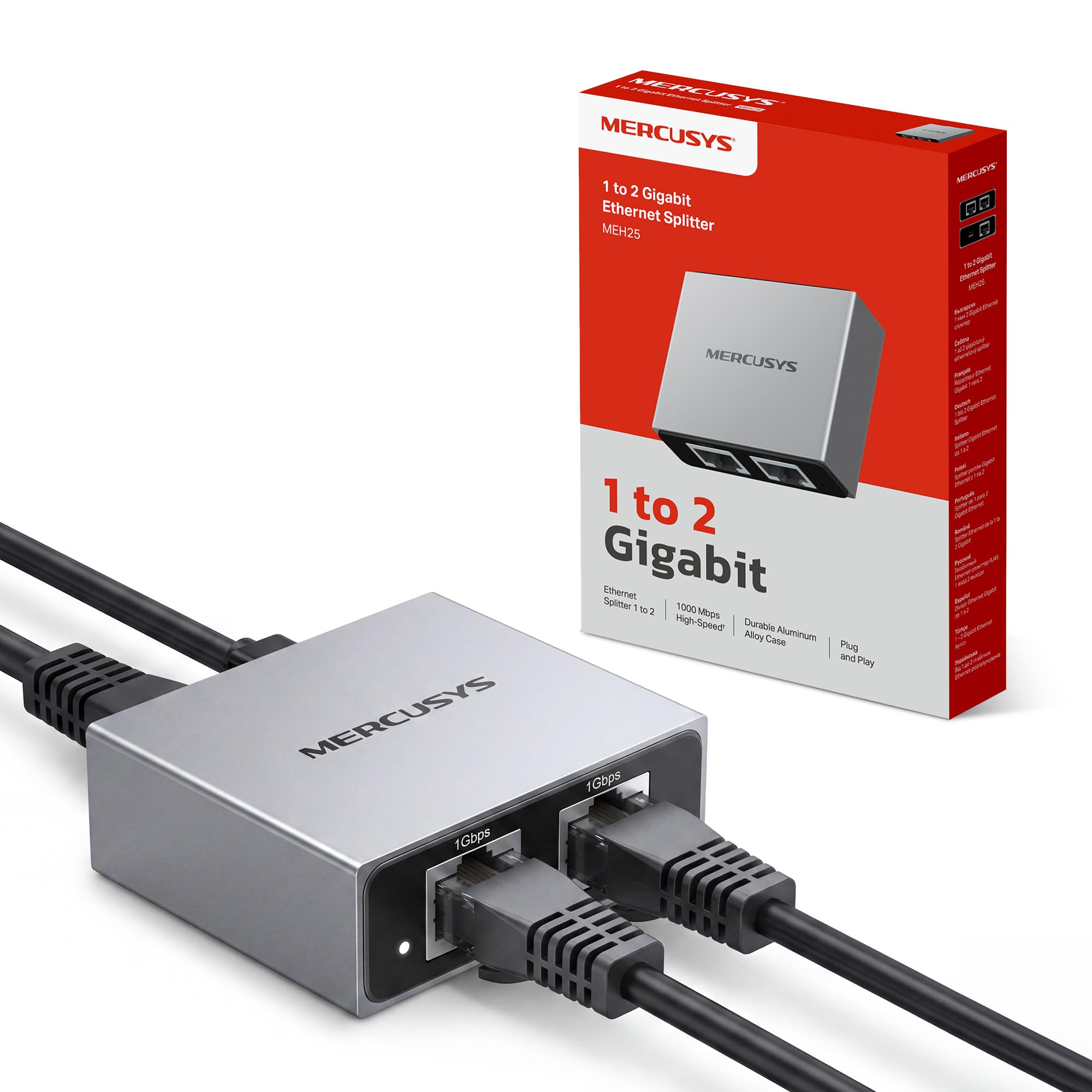 NEW MERCUSYS MEH25 Ethernet Splitter,1 to 2 Gigabit Network Switch,1000Mbps High-Speed Ethernet Switch,Aluminum Alloy Casing, Plug and Play, LAN RJ45 Internet Splitter for TV, Xbox, Router, Laptop/PC