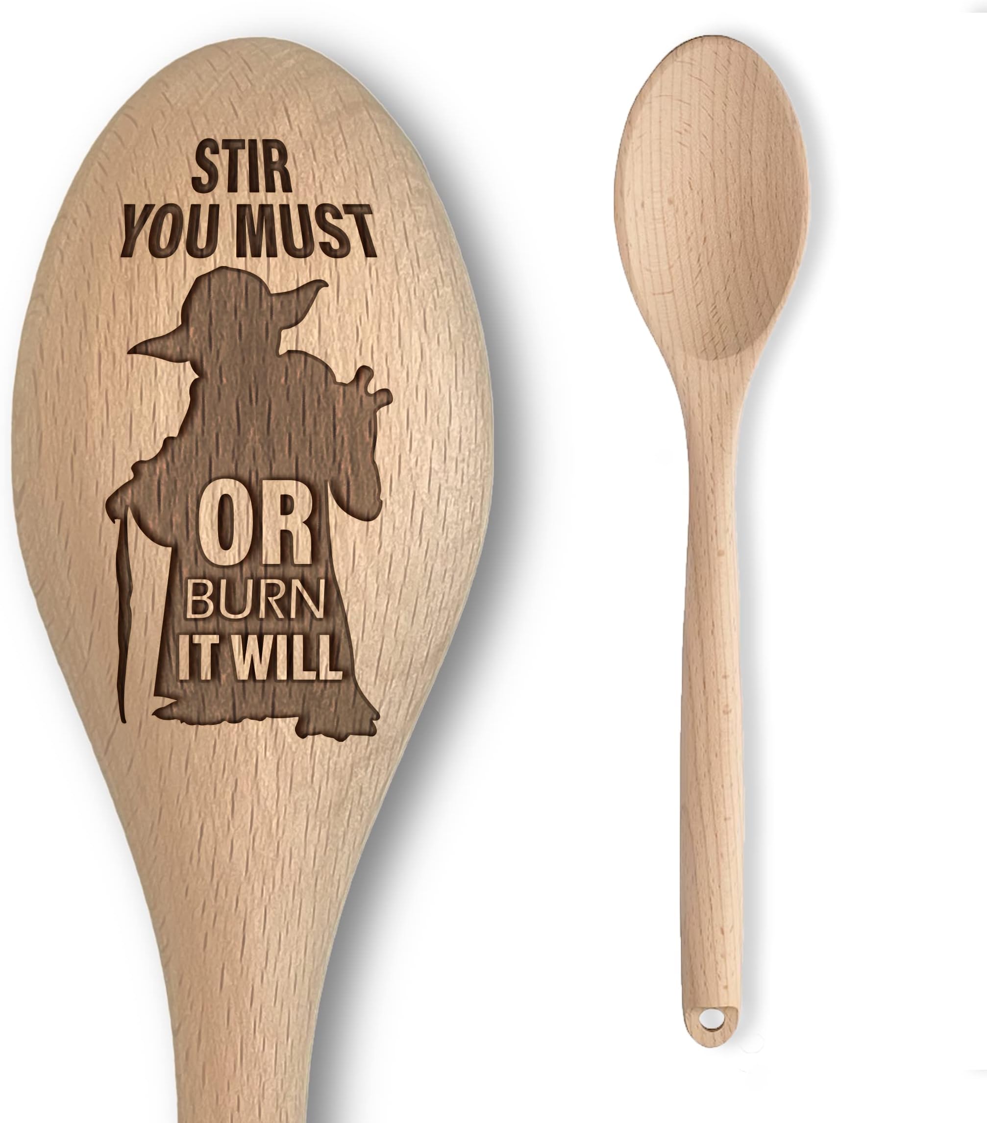 The Laser Factory Star Space Wars Yo da Inspired Wooden Spoon – “Stir You Must, or Burn it Will” Inscription – Funny Cooking Baking Gift for Men & Women - Unofficial Fan Item (Stir You Must)