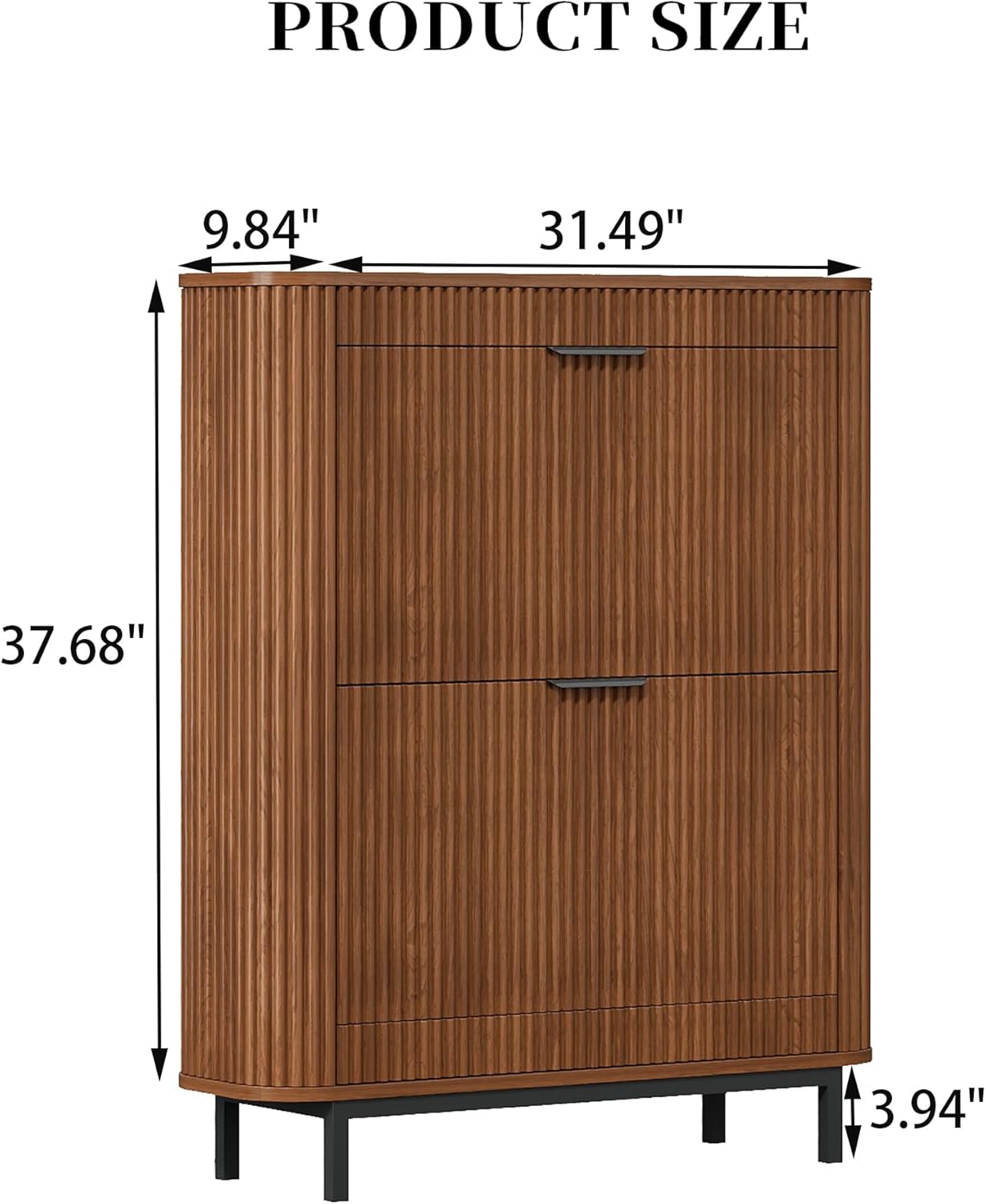 Shoe Cabinet with 2 Flip Drawers, Arc Narrow Wood Shoe Storage Cabinet with Fluted Panel and Metal Legs, Freestanding Wood Hidden Shoe Rack Cabinet for Foyer, Hallway, Walnut Walnut Oak