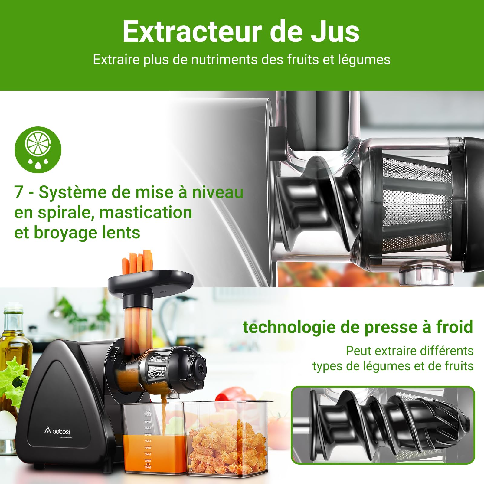 Aobosi Extracteur de Jus Sans BPA, Moteur Silencieux, Fonction Reverse, Noir
