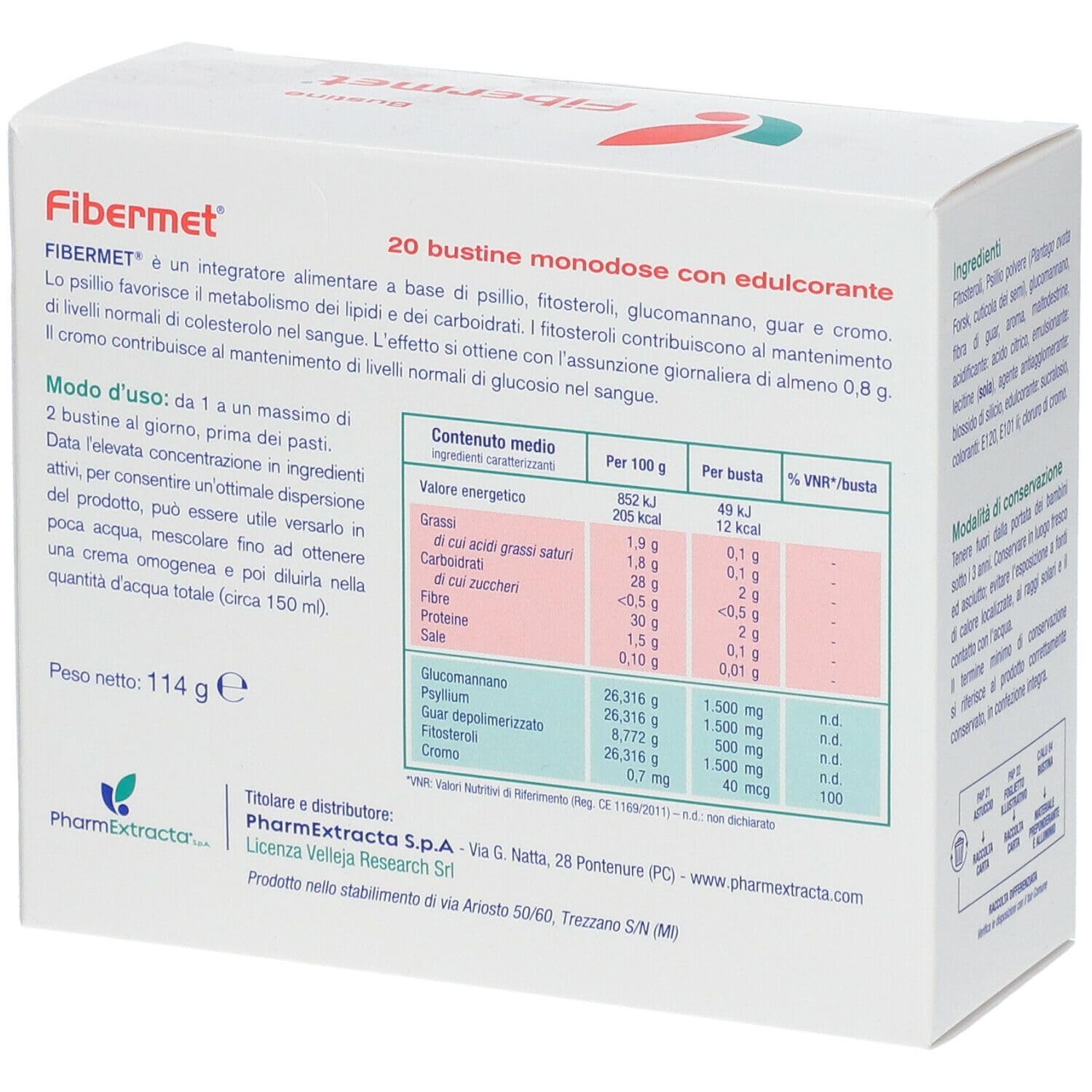 Fibermet 20 bustine monodose da 5,7 grammi con edulcorante