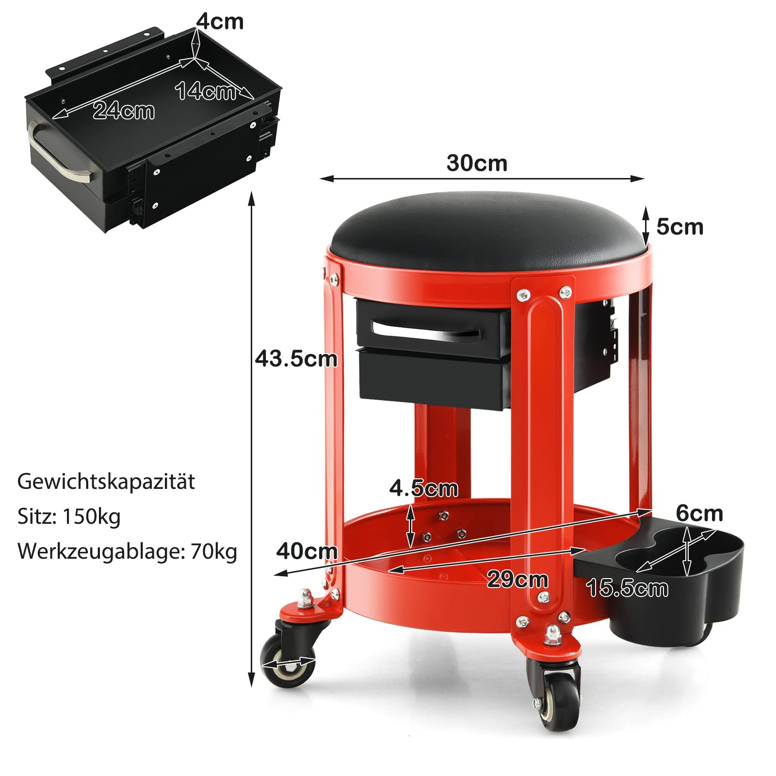 Produktbild von WERKSTATTHOCKER 150 KG Werkstatt Rollsitz Fahrbarer Arbeitshocker Mit