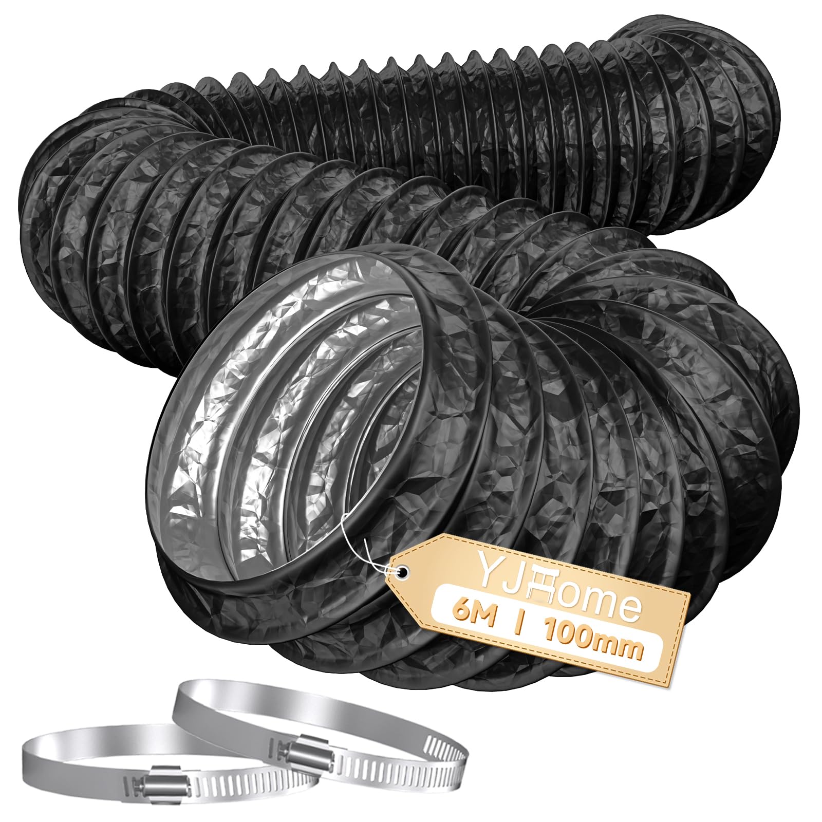 YJHome 100mm Ducting 6m Long, 4 Inch Flexible Vent Hose with 2 Duct Clamps, Heavy-Duty Three Layer Protection PVC Air Ducting for Cooker Hood, Tumble Dryer, Duct Fan, Extractor Fan