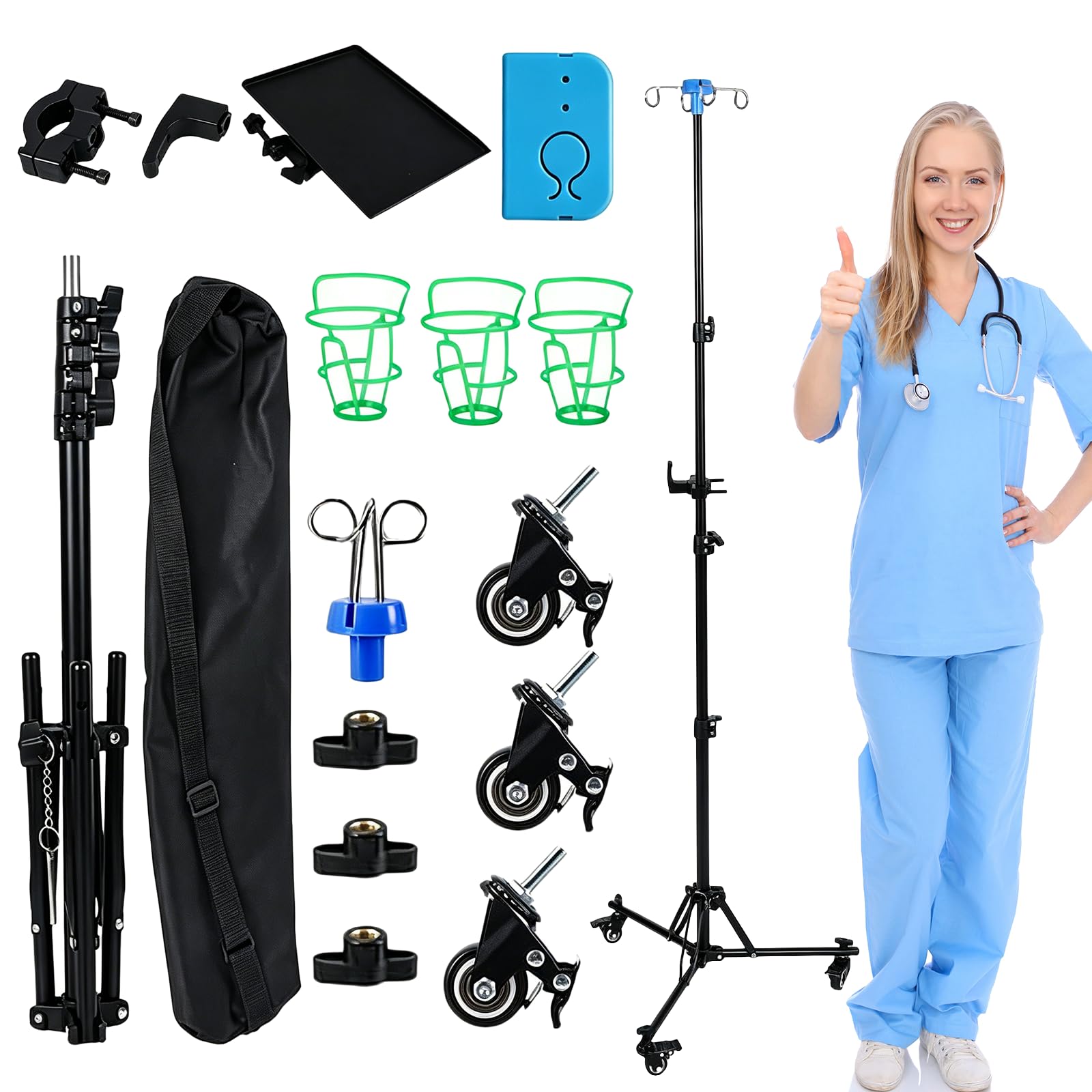 Der Tragbare Infusionsständer ist Zwischen 90 und 190 cm Höhenverstellbar und Verfügt über 4 Haken und 3 Netztaschen, Wodurch er Sich für Krankenhäuser Die Häusliche Pflege und Kliniken Eignet
