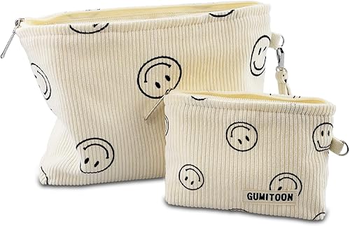 GUMITOON Bolsas de cosméticos de pana para mujer, organizador de maquillaje de sonrisa, bolsa de almacenamiento de maquillaje de gran capacidad,