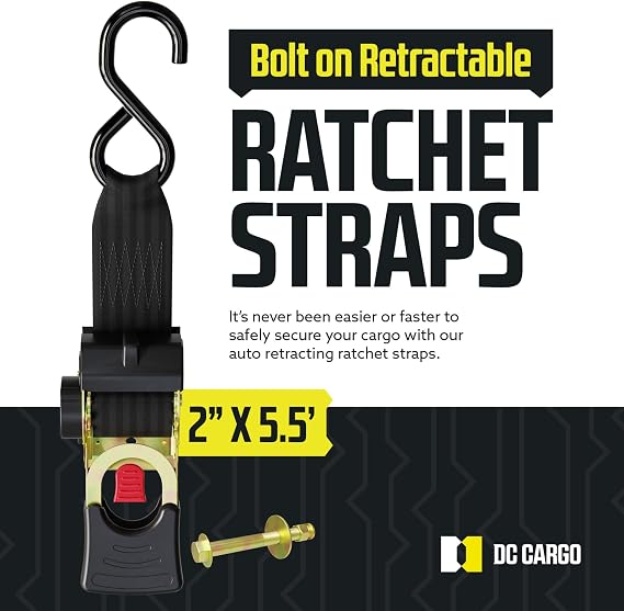 DC Cargo Mall Bolt-on Auto Retractable Ratchet Straps (2-Pack) 2 x 5.5ft, Super Heavy Duty, 4,033lb Break Strength Tie Down Straps for Boat, Jet Ski, RZR, ATV