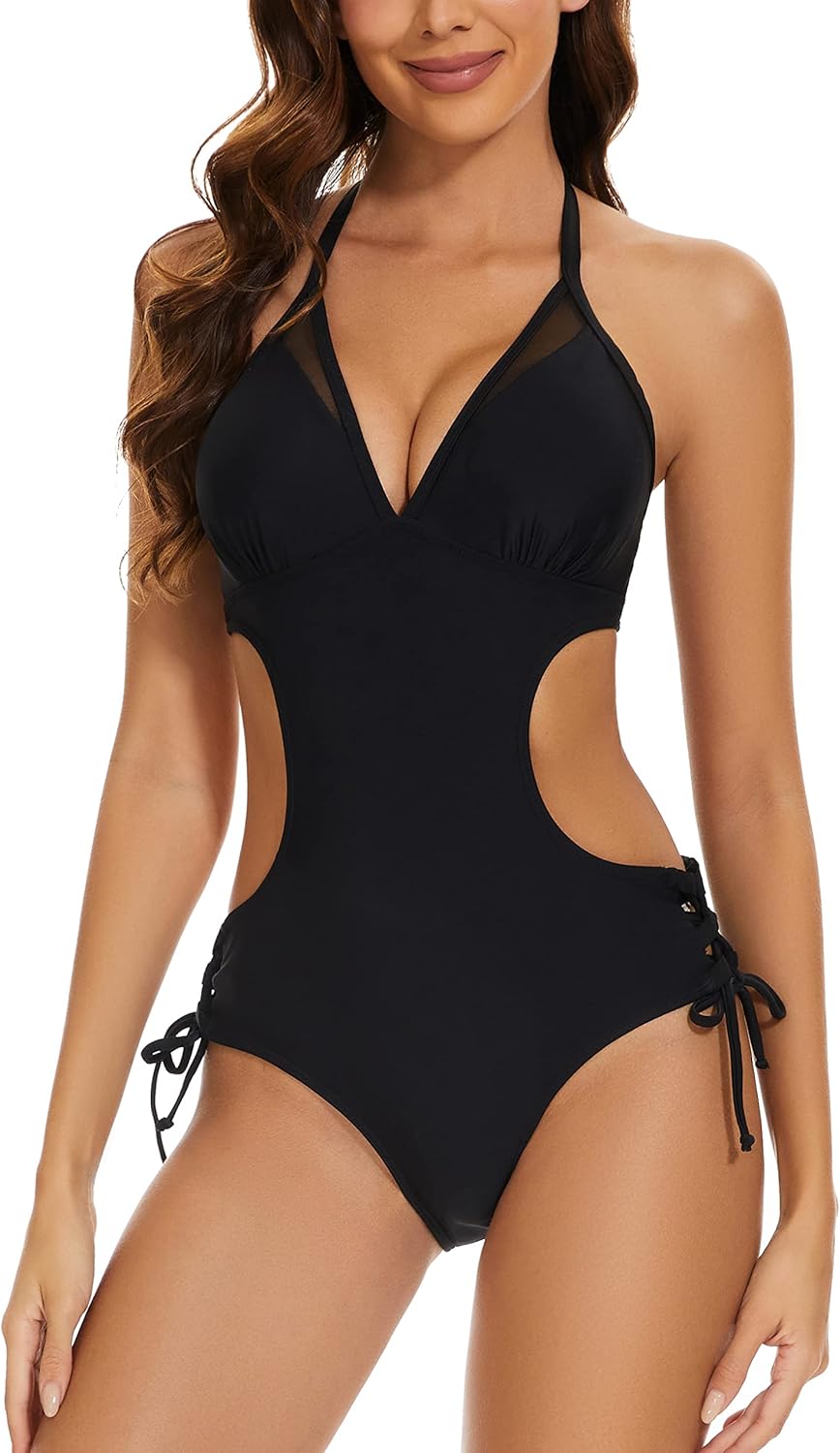 Women's Halter Cutout One Piece Swimsuit Mesh Monokini Bathing Suit - Image 3