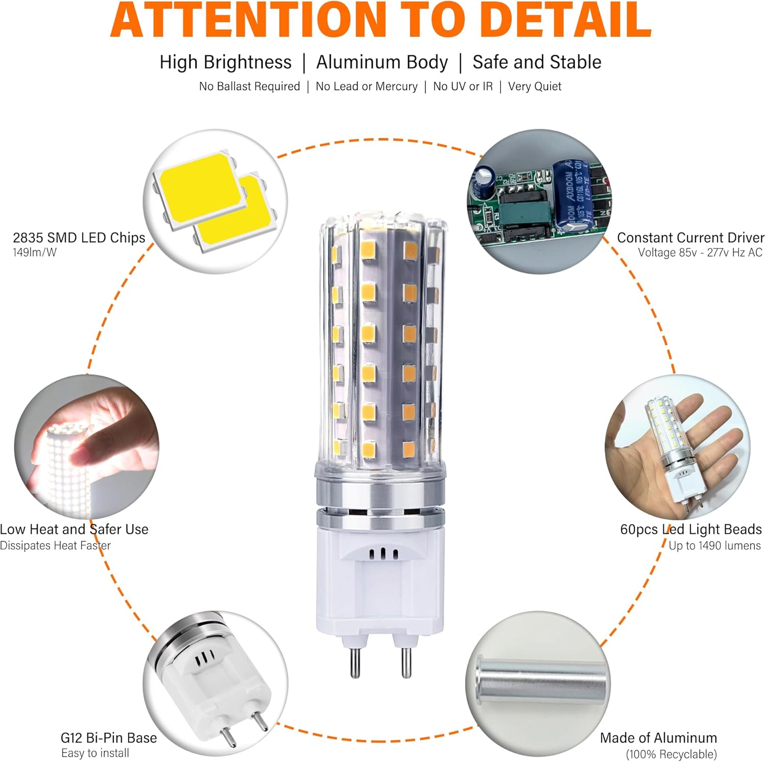 10-Pack G12 Light Source 10 Watt G12 LED Bulb 1490 Lumens G12 Bi-Pin Base LED Corn Light Bulbs (100 Watt Eqv.) 85-277V AC, Not-Dimmable, for Home&Commercial Lighting