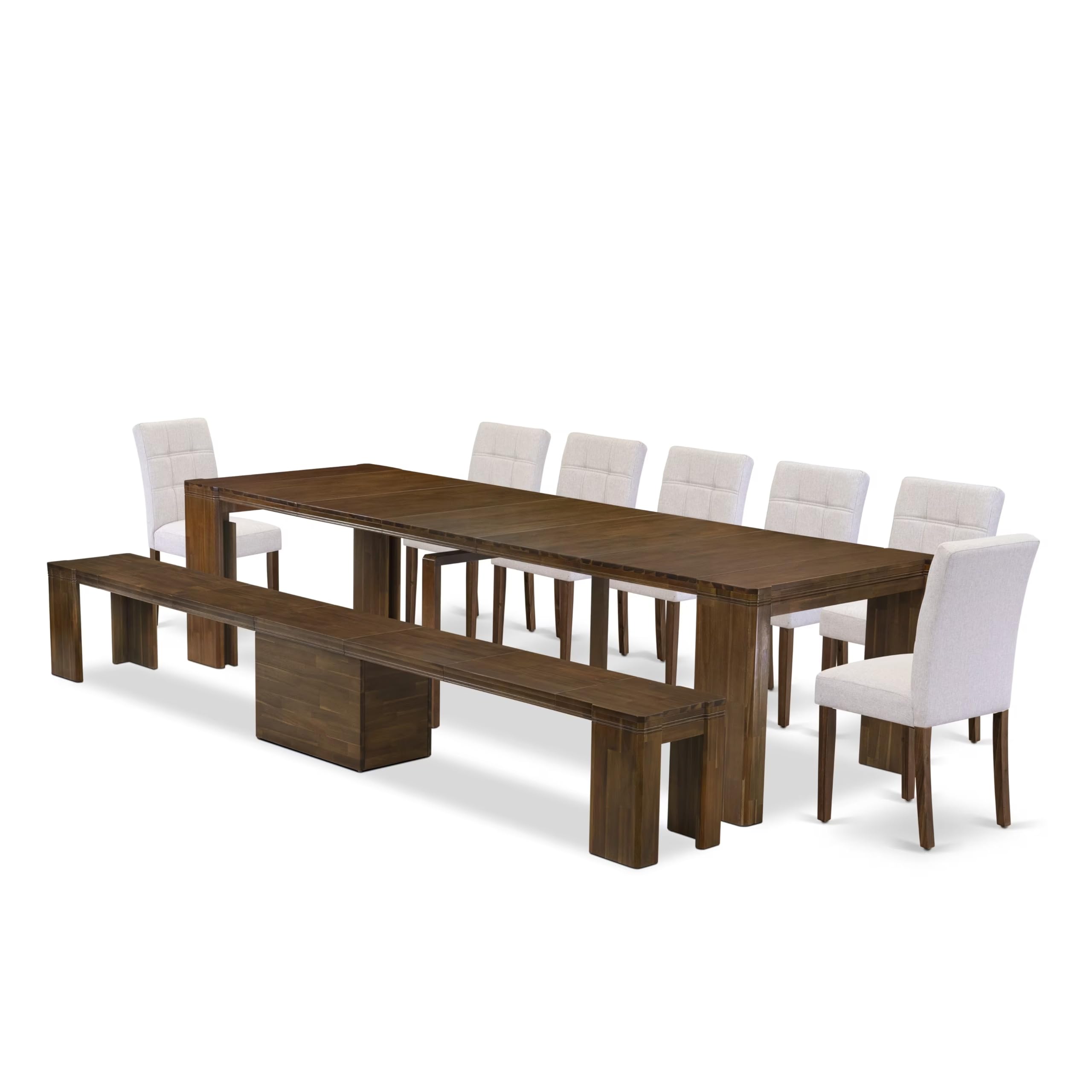 X07AS-B08-27 9-Pc Mid Century Dining Table Set contains an Extendable Rectangle Kitchen Table, 7 Polyester Dining Chairs and 1 Modern Bench, 39x120 Inch, Antique Walnut