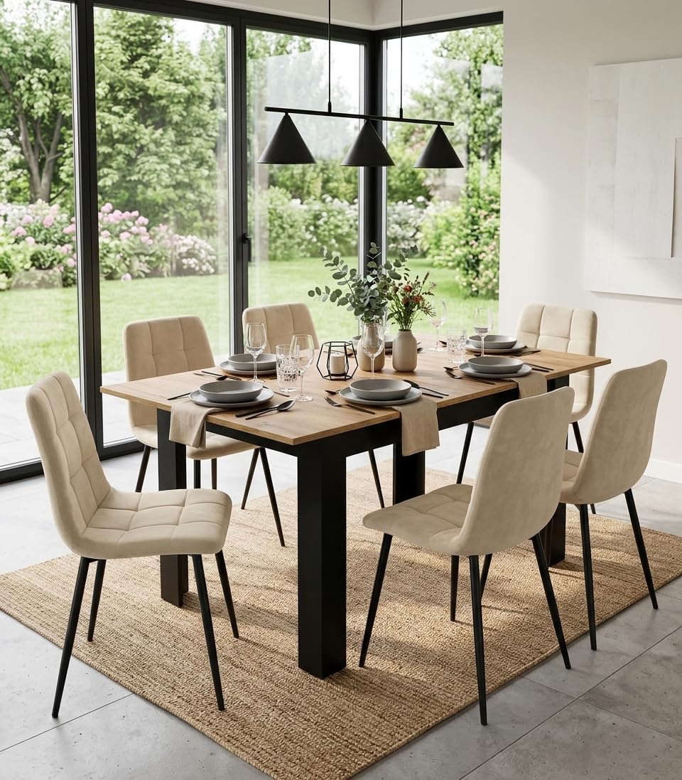 Tavolo da pranzo allungabile 120-160 x 80 cm, tavolo da cucina, tavolo da pranzo, con ripiano, telaio nero, effetto legno, cucina, sala da pranzo e soggiorno, colore: rovere artigianale