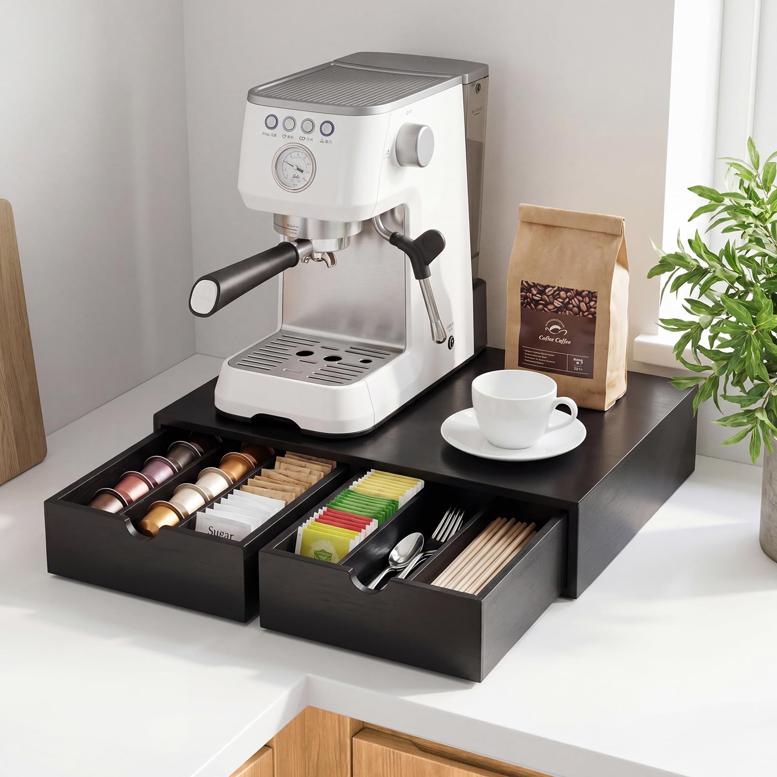 Cassetto porta cialde in legno, organizer per capsule di caffè, organizer per tazze da tè, 30 cialde, stazione da caffè da banco per supporto macchina, nero