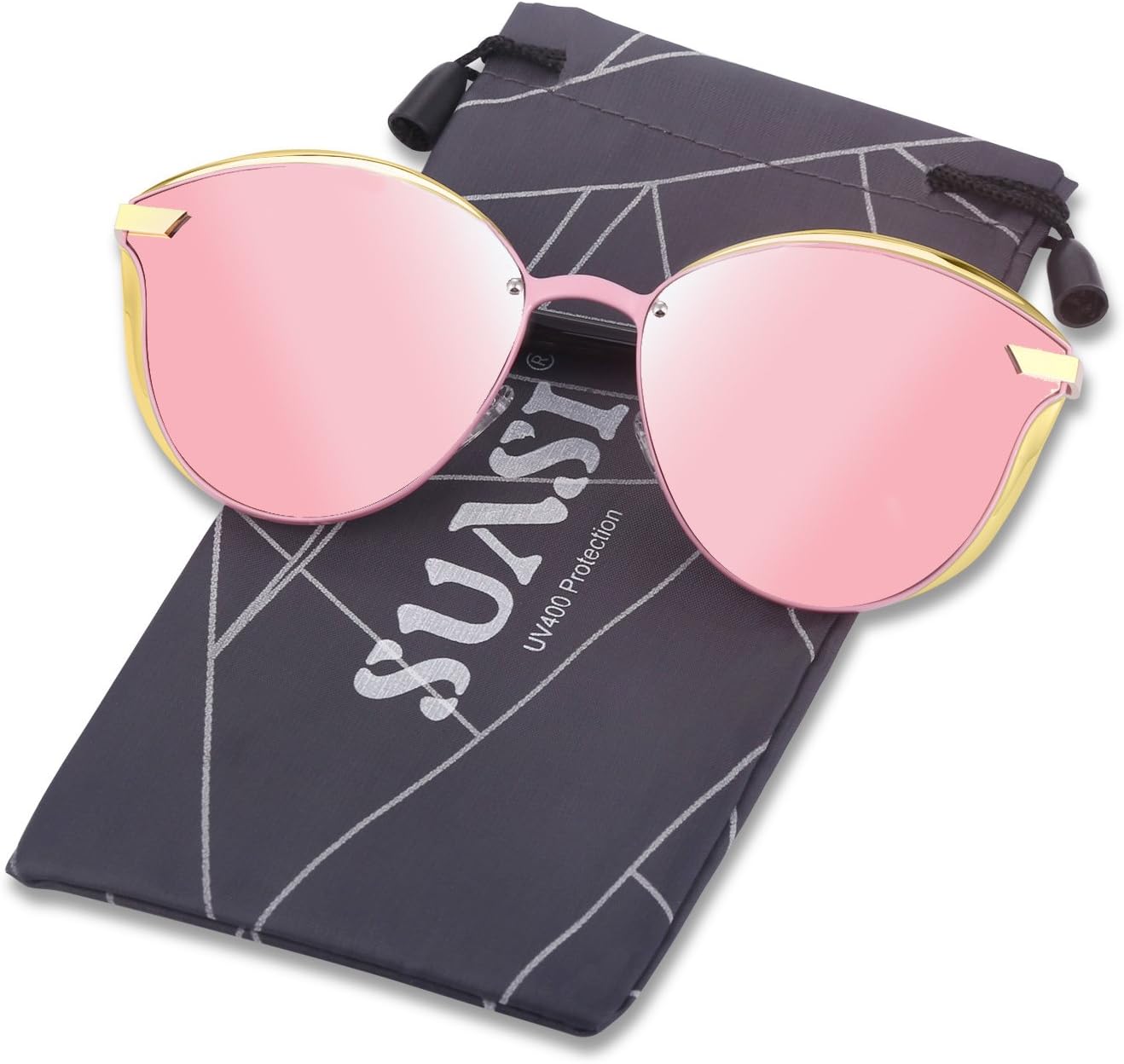 SUASI Fashion Women Polarized Sunglasses Mirrored Cat Eye Vintage Sun glasses 0824 (black, pink)