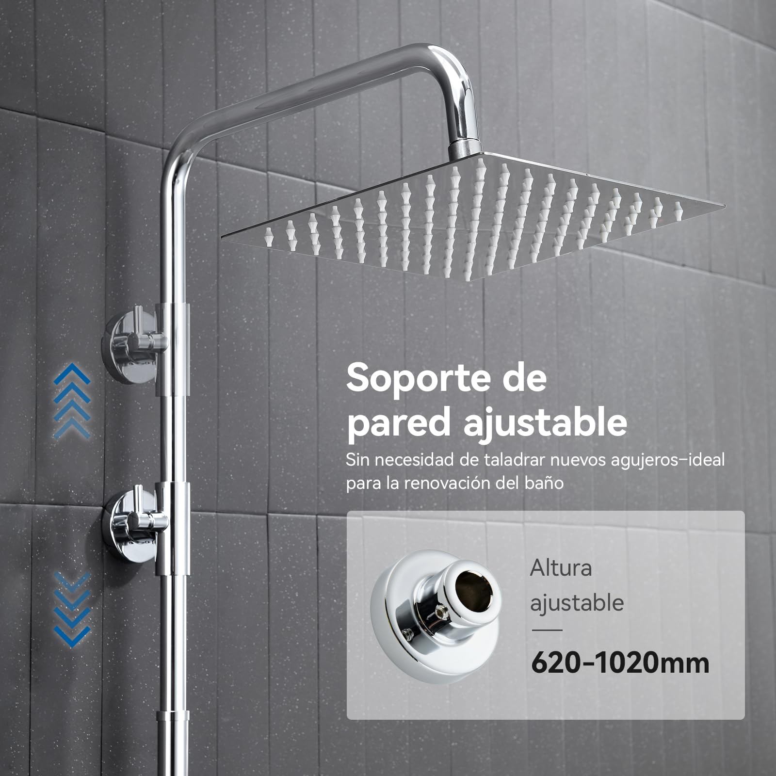 Auralum Columna Ducha sin Grifo, Set de Ducha con Cabezal de Ducha Lluvia 30×30 cm Cuadrado Acero Inoxidable, Alcachofa, Barra de Ducha Altura Regulable 68-108cm,válvula desviadora de Latón,Cromo — view 5