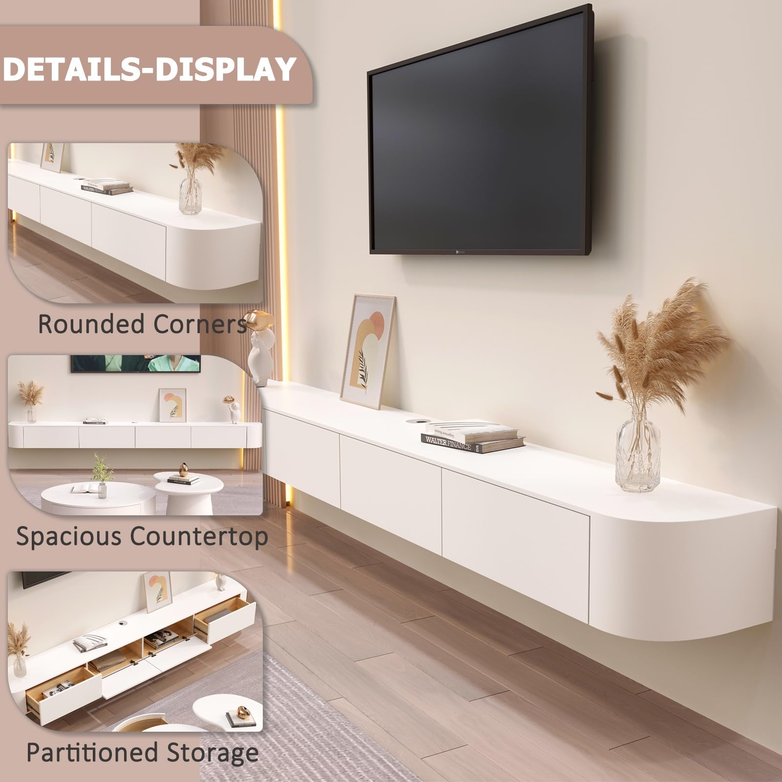 Weiß TV-Schrank,Fernsehtisch Hängend mit 2 Schublade,1 Türen,140 cm lang,TV Lowboard für Fernseher bis zu 60 Zoll,TV Tisch,Hängeboard Schwebend,TV Board hängend,für Wohnzimmer,Schlafzimmer