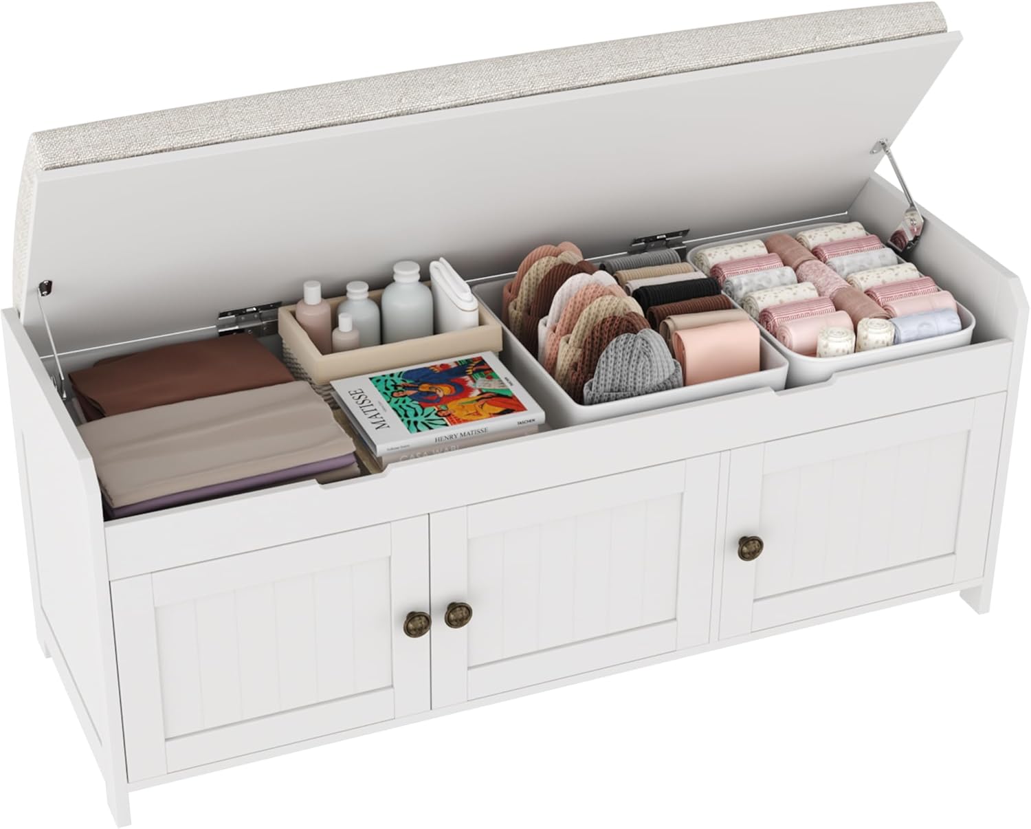 HOMEFORT 41.3" Shoe Bench with Lift Top Storage, Entryway Bench with Cushioned Seat, Wooden End of Bed Bench, Shoe Cabinet Bench with Hidden Storage Space, for Bedroom, Hallway,White 41.3"Wx14.9"D x18.1"H White