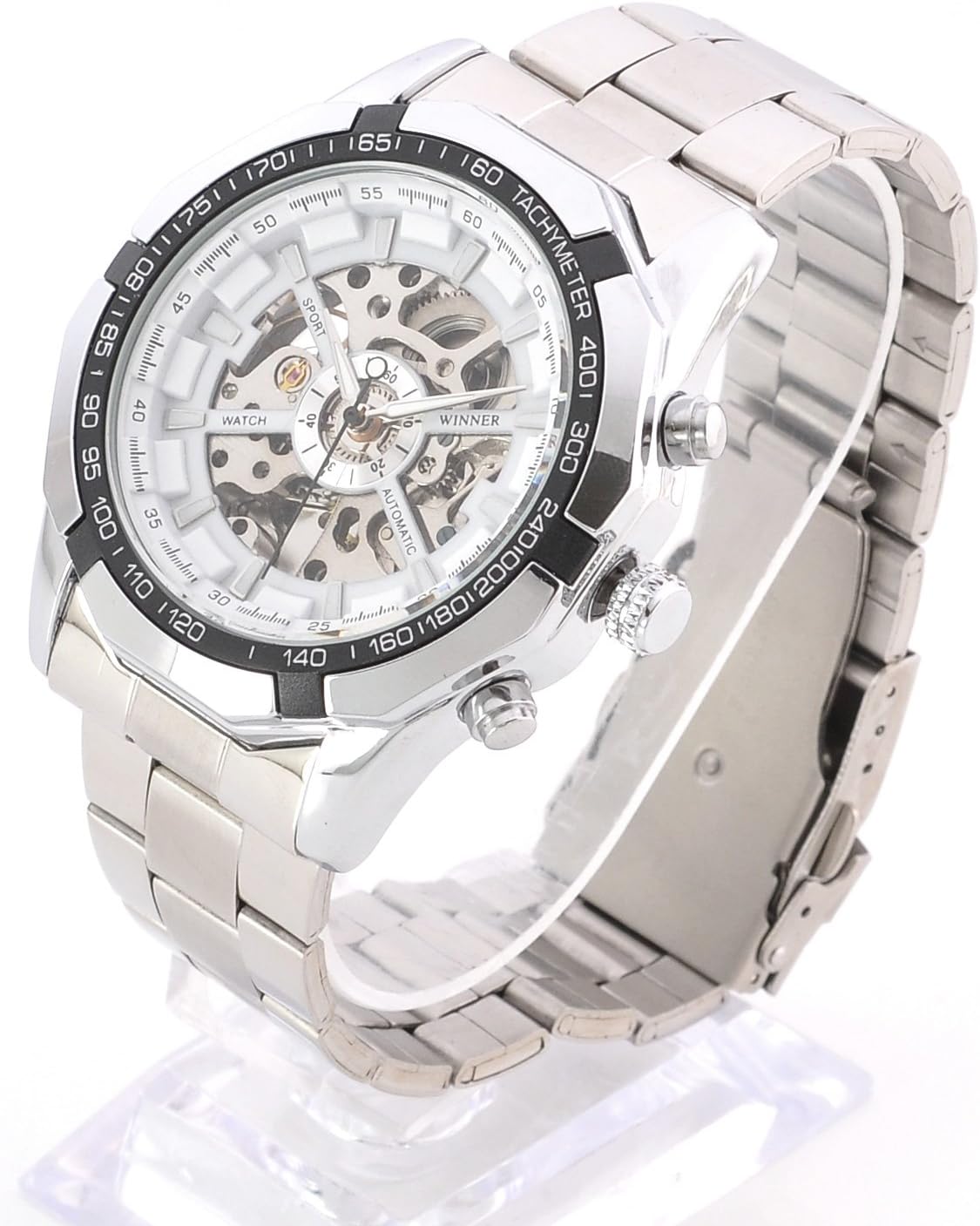 Stainless Steel Dial Scale Automatic Mechanical Skeleton Movement Winding Wrist Watch, Butterfly Clasp (White)