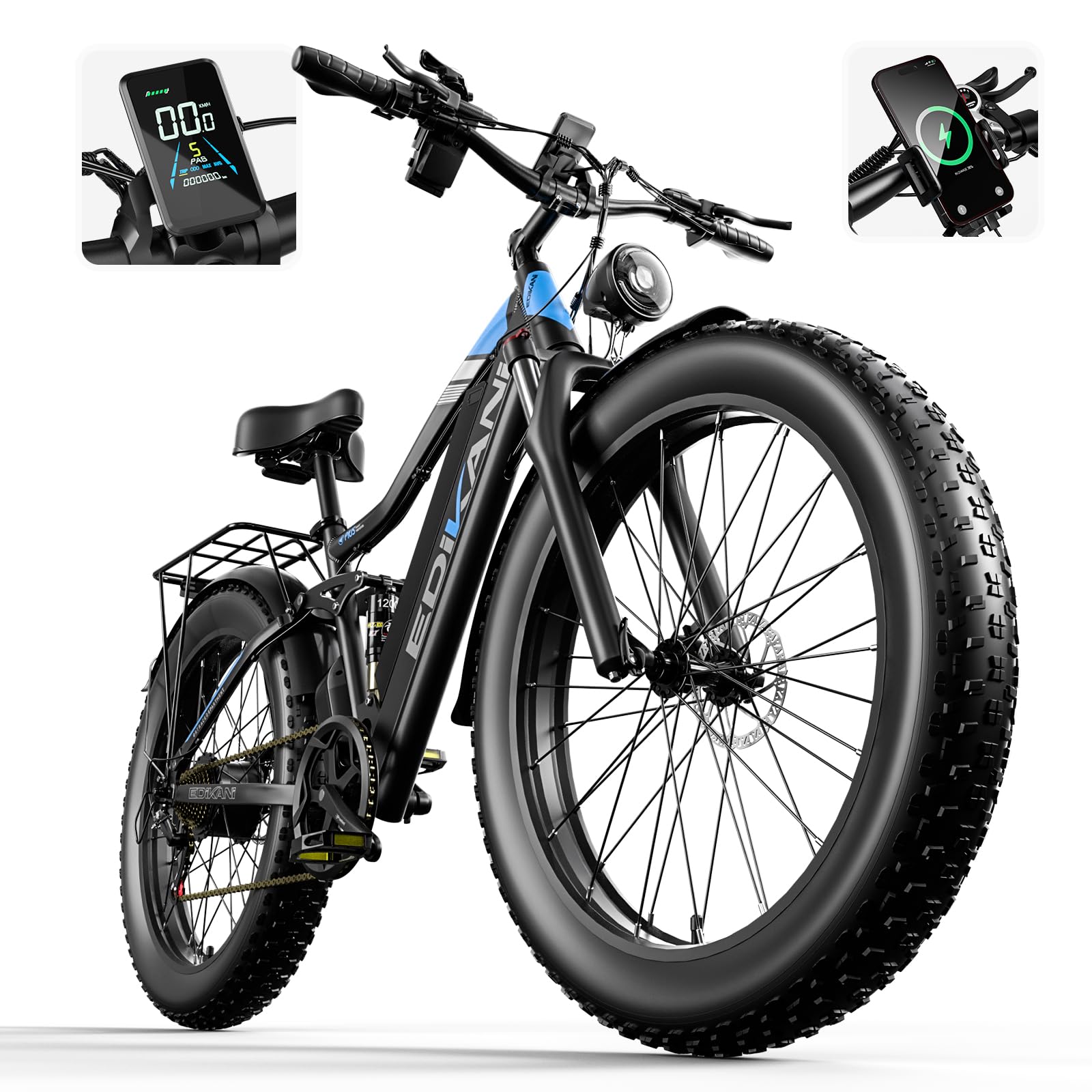Electric Bike, 1000W Peak 1500W Ebike for Adults, 17.5Ah Battery & 26" Fat Tire & Full Suspension 34mph Mens Electric Bicycle with Hydraulic Brake, 70 Miles All-Terrain E Bike for Mountain, Snow, Sand