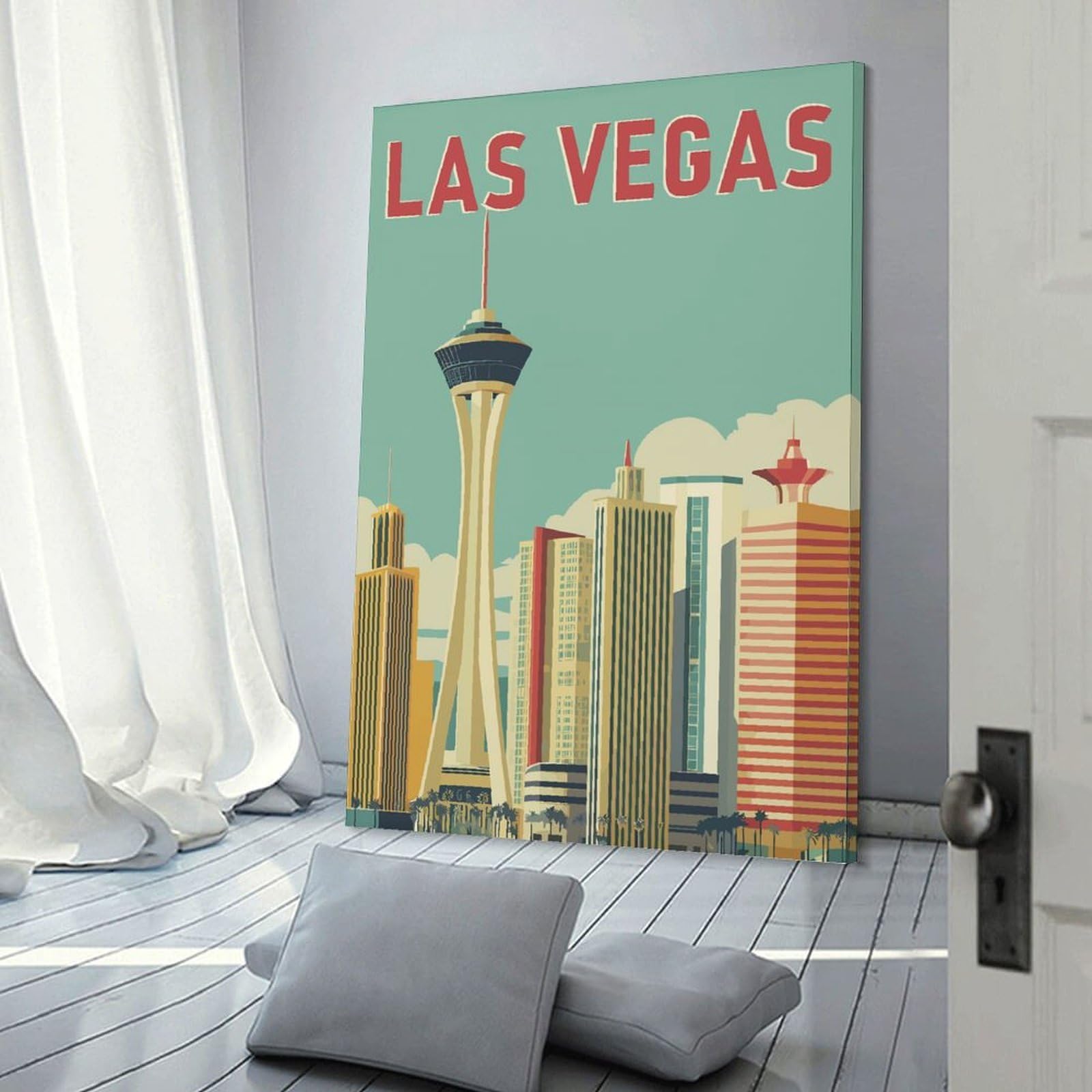 Junmoney Las Vegas Cityscape Retro Canvas Art Print 20x30inch(50x75cm), for Art Walls, Layered Displays Or Homes, Decorative Artwork with Flexible Styling
